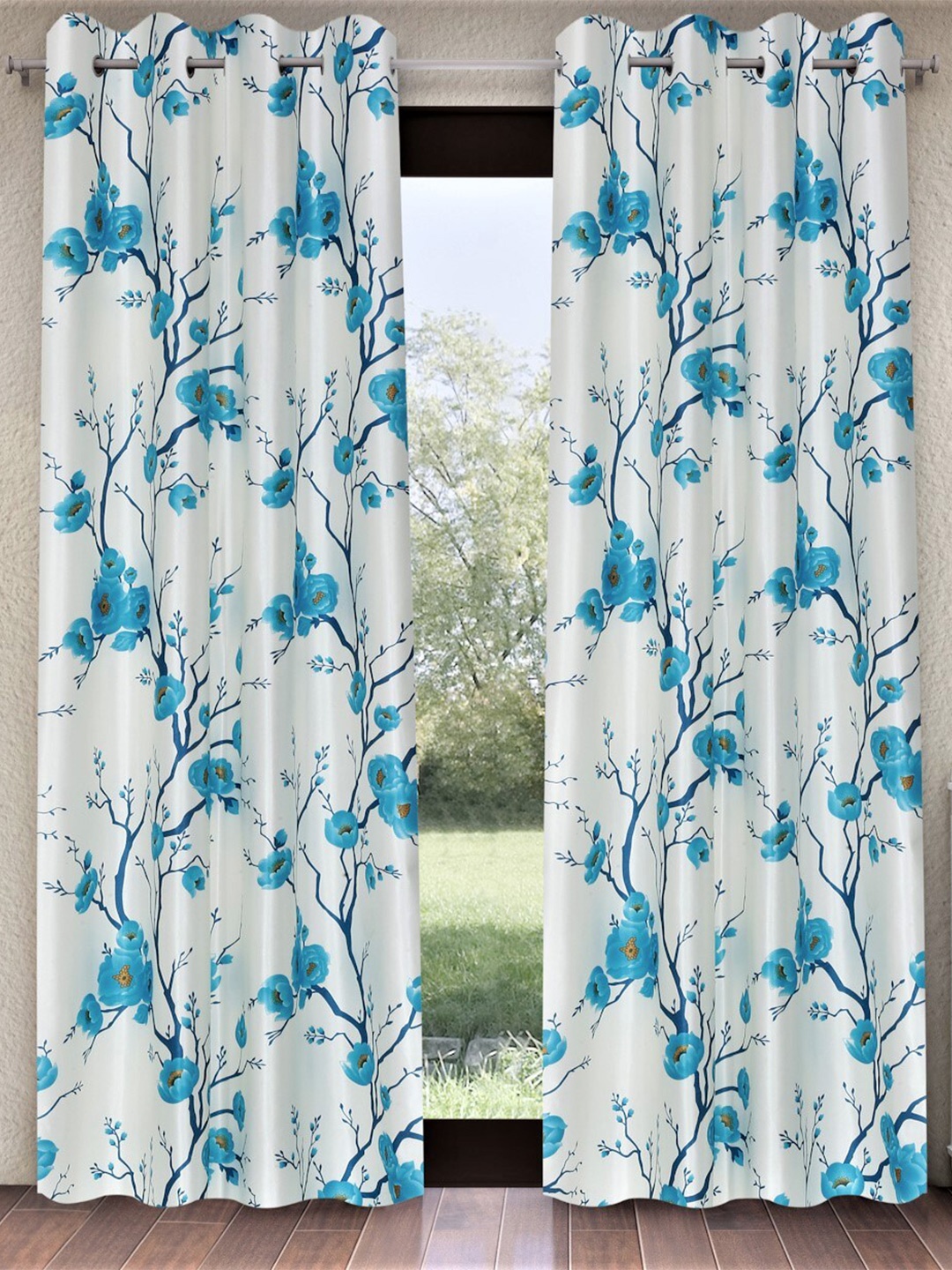 

Fashion String White & Turquoise Blue 2 Pieces Floral Printed Long Door Curtains