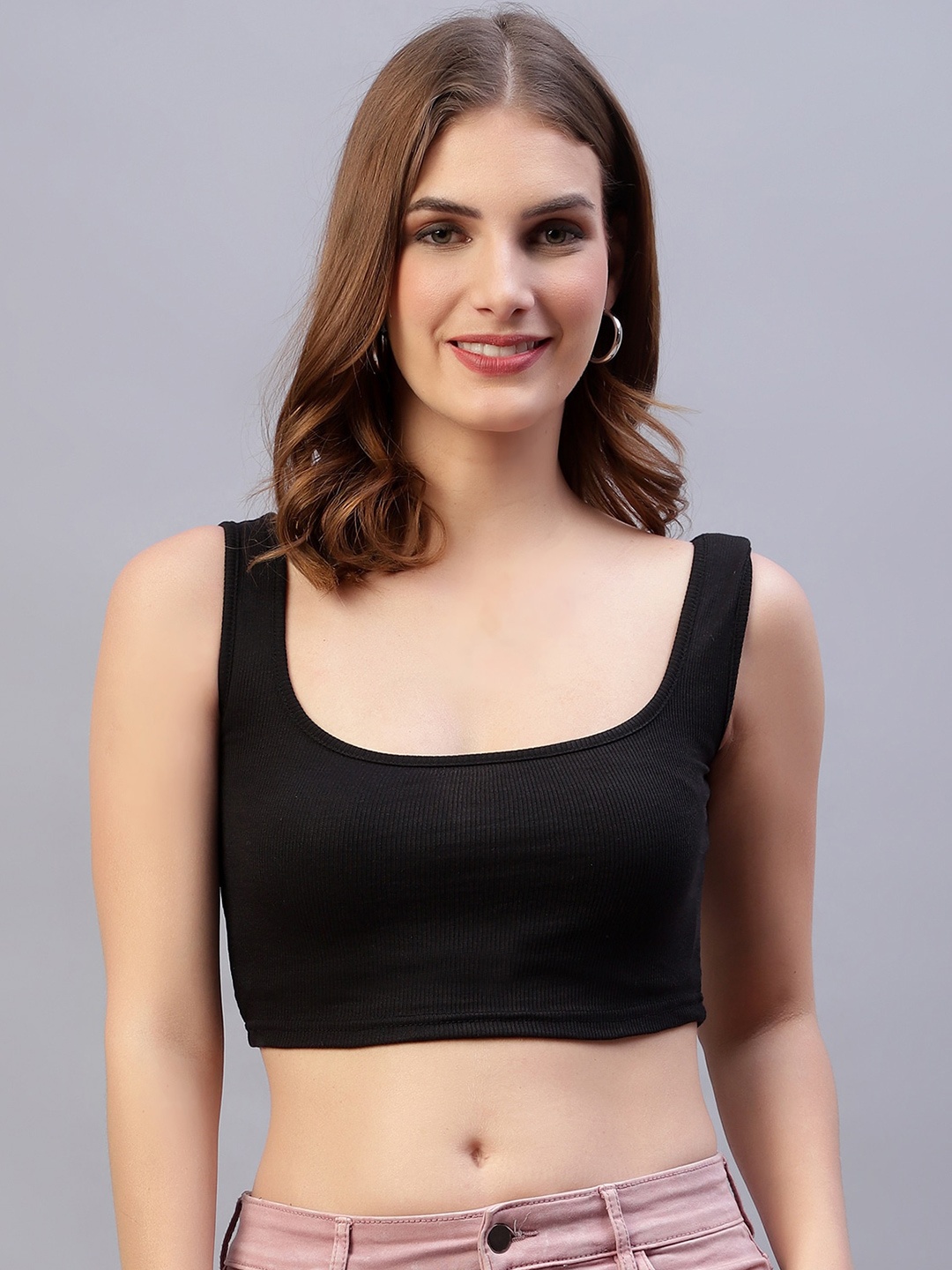 

DIAZ Scoop Neck Sleeveless Fitted Crop Top, Black