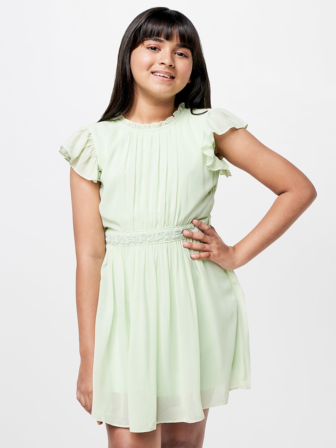 

AND Girls Embellished Flutter Sleeves Fit & Flare Dress, Sea green