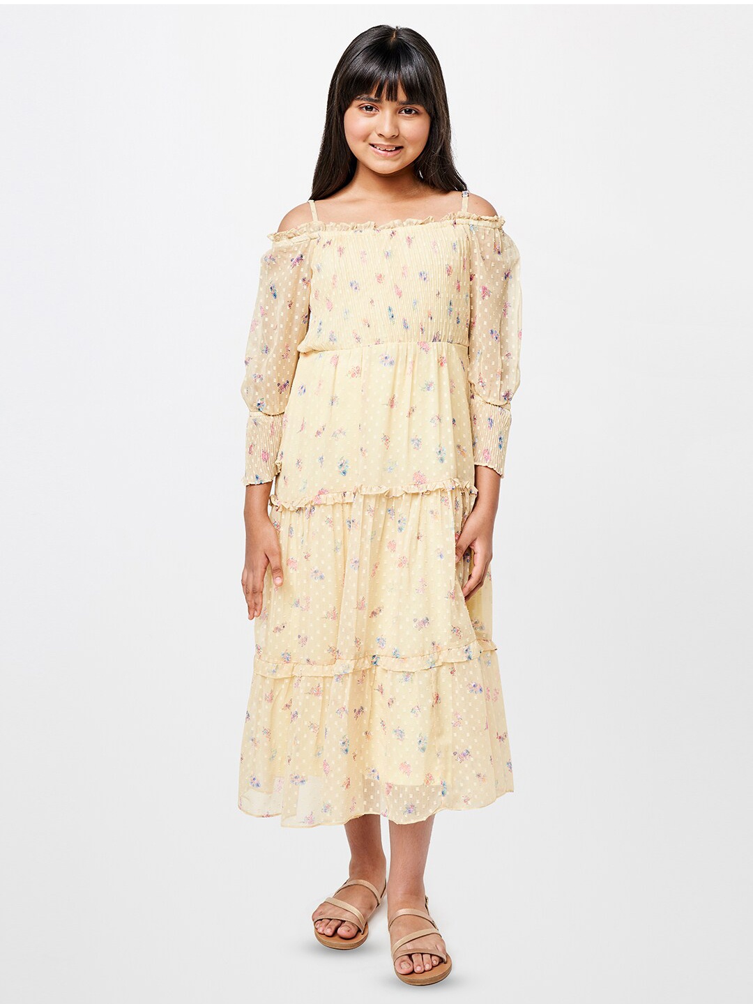 

AND Girls Floral Printed Shoulder Strap Tiered A-Line Maxi Dress, Yellow