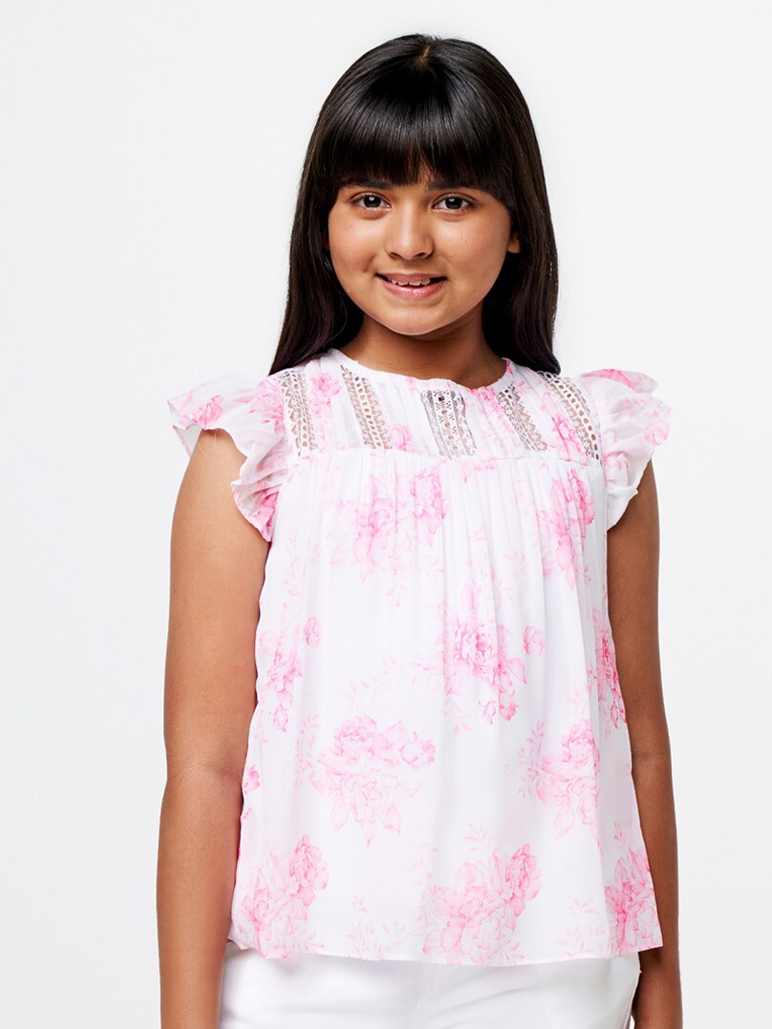 

AND Girls Floral Printed Flutter Sleeve Top, White