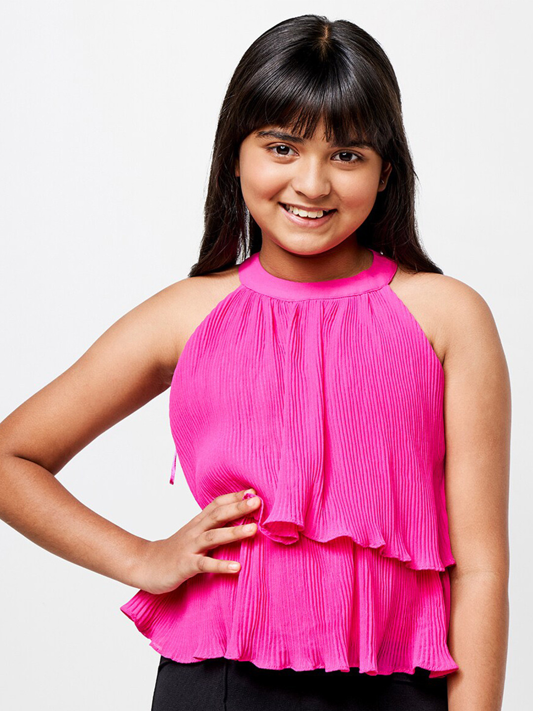 

AND Girls Self Design Sleeveless Layered Tiered Top, Pink