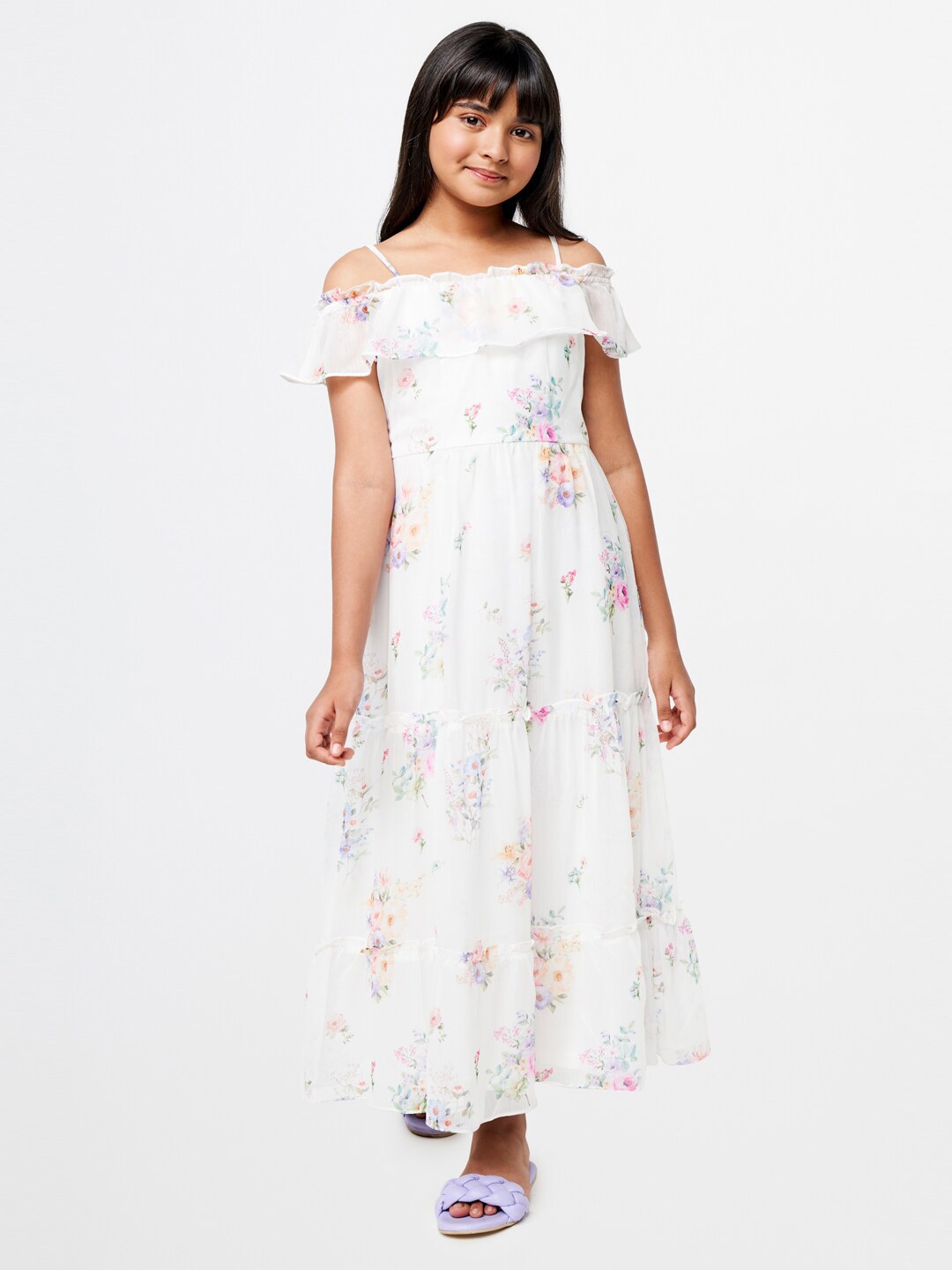 

AND Girls Floral Printed Shoulder Strap Tiered A-Line Maxi Dress, White