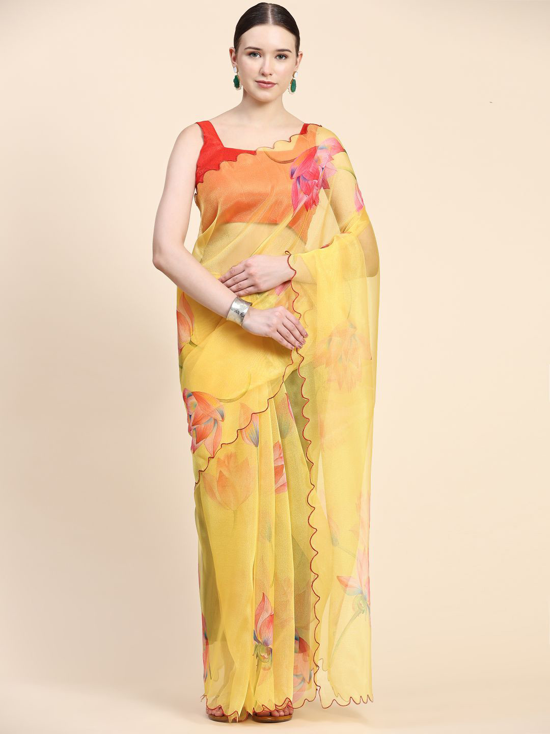 

Rudra Fashion Floral Print Embroidered Organza Saree With Blouse Piece, Yellow