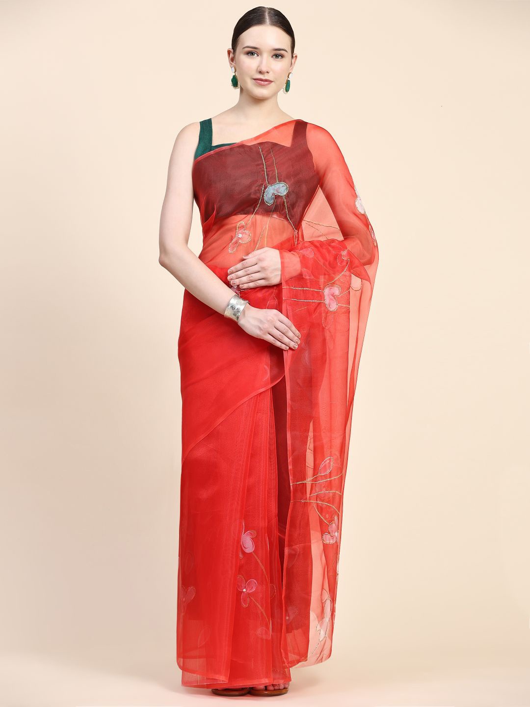 

Rudra Fashion Floral Print Beads Work Organza Saree With Blouse Piece, Red