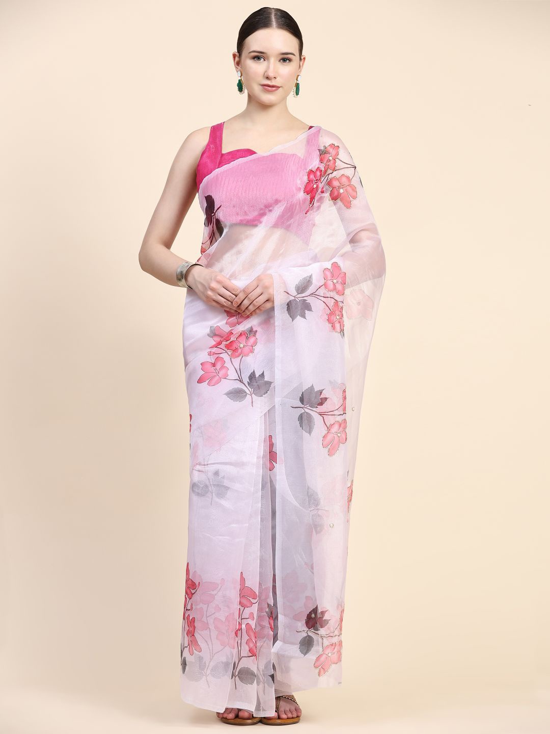 

Rudra Fashion Floral Print Beads Work Organza Saree With Blouse Piece, White