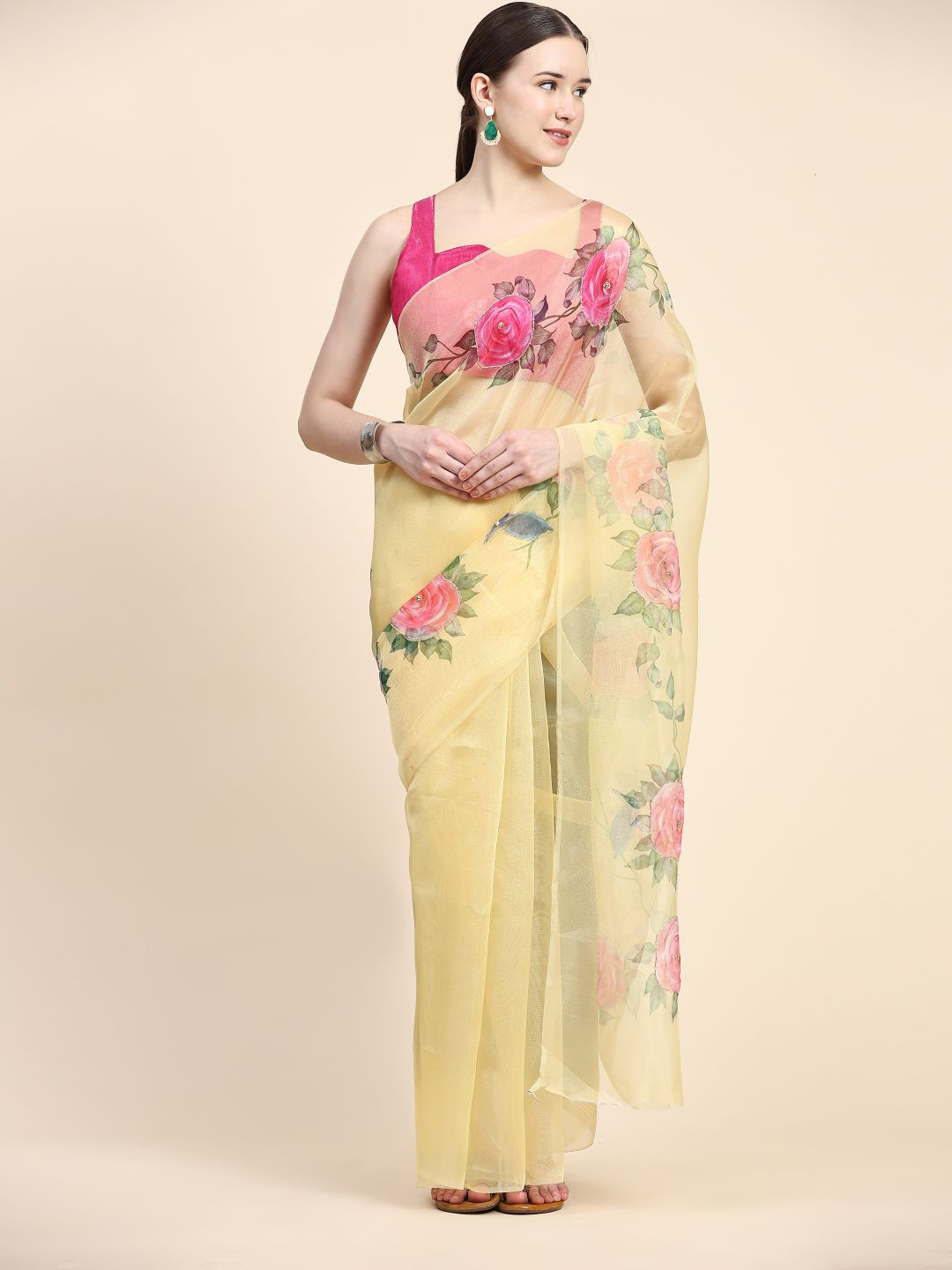

Rudra Fashion Floral Print Beads Work Organza Saree With Blouse Piece, Yellow