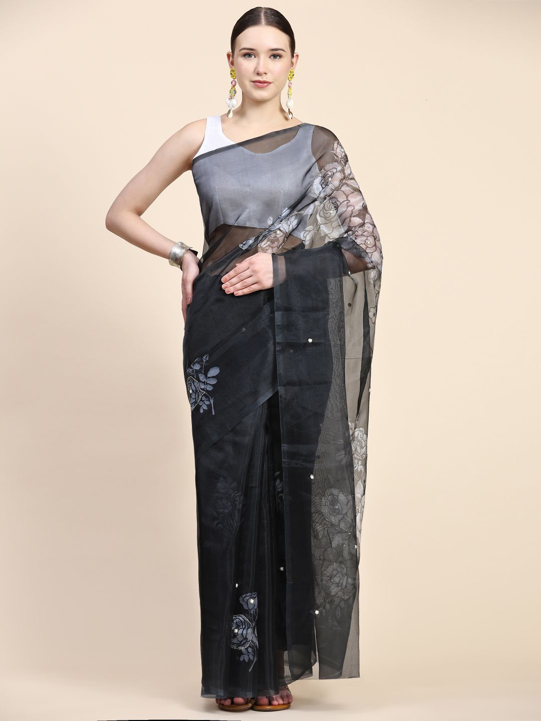 

Rudra Fashion Floral Print Mirror Work Organza Saree With Blouse Piece, Black