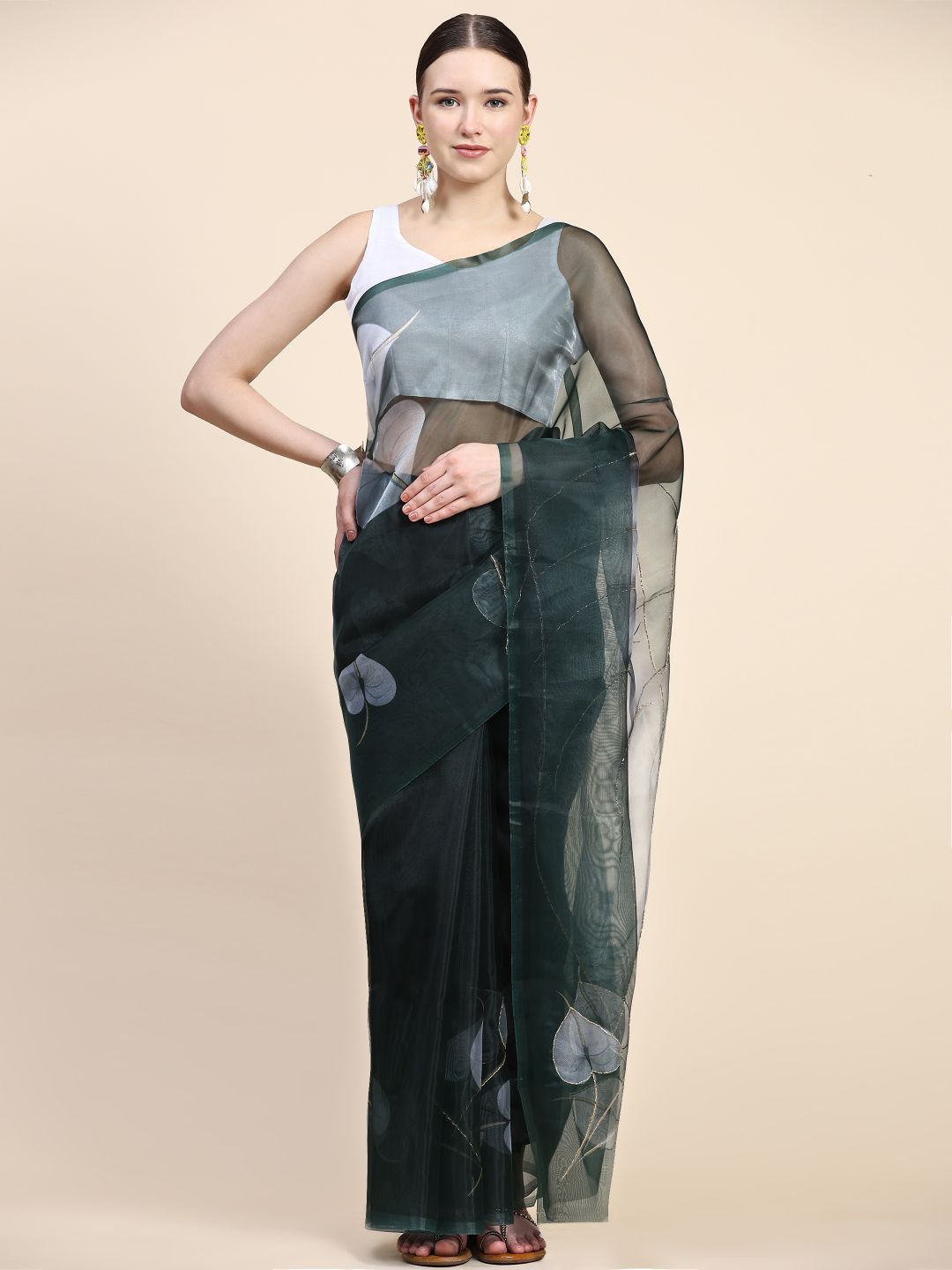 

Rudra Fashion Floral Printed Organza Saree, Olive