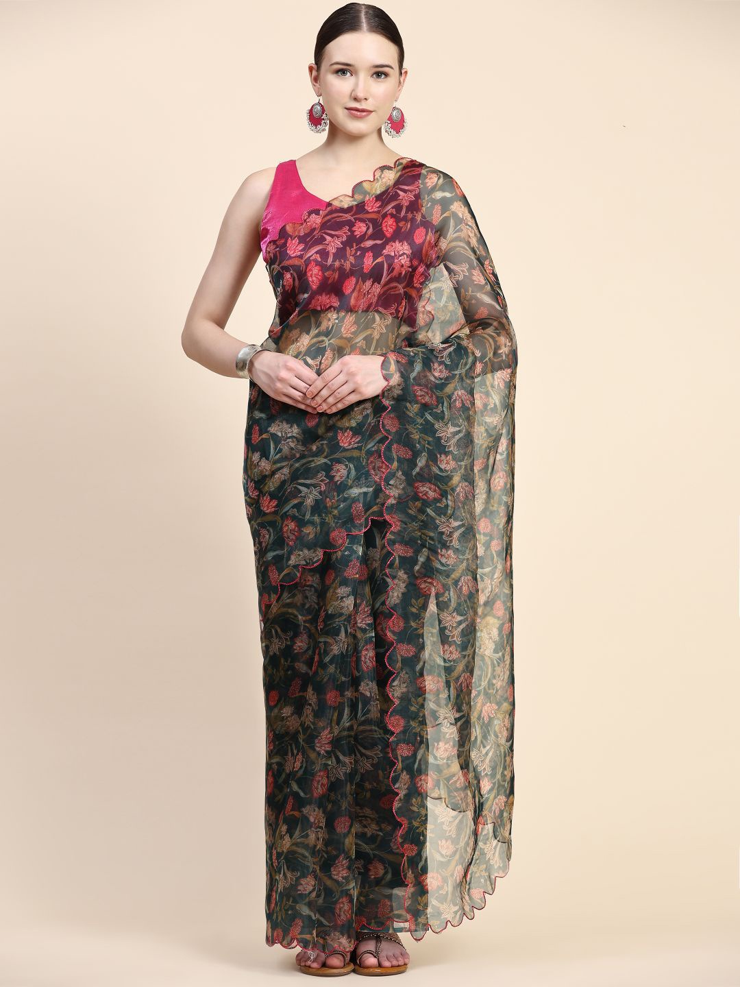

Rudra Fashion Floral Printed Embroidered Organza Saree, Green