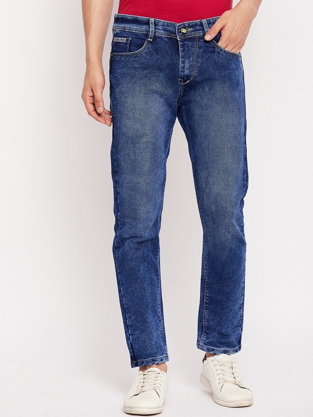 

FirstKrush Men Mid-Rise Heavy Fade Clean Look Cotton Jeans, Blue