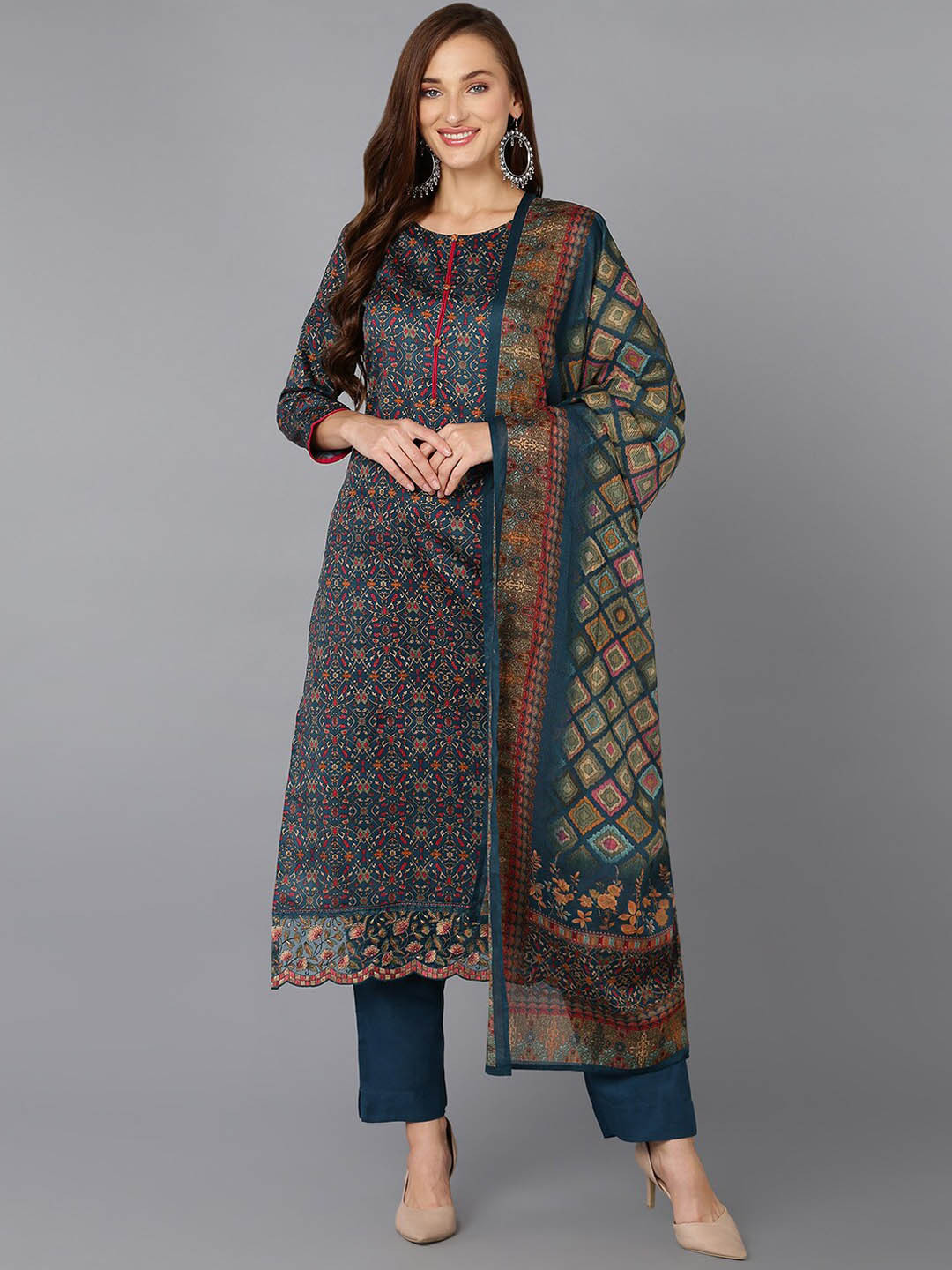 

AHIKA Teal & Red Ethnic Printed Thread Work Kurta with Trousers & Dupatta
