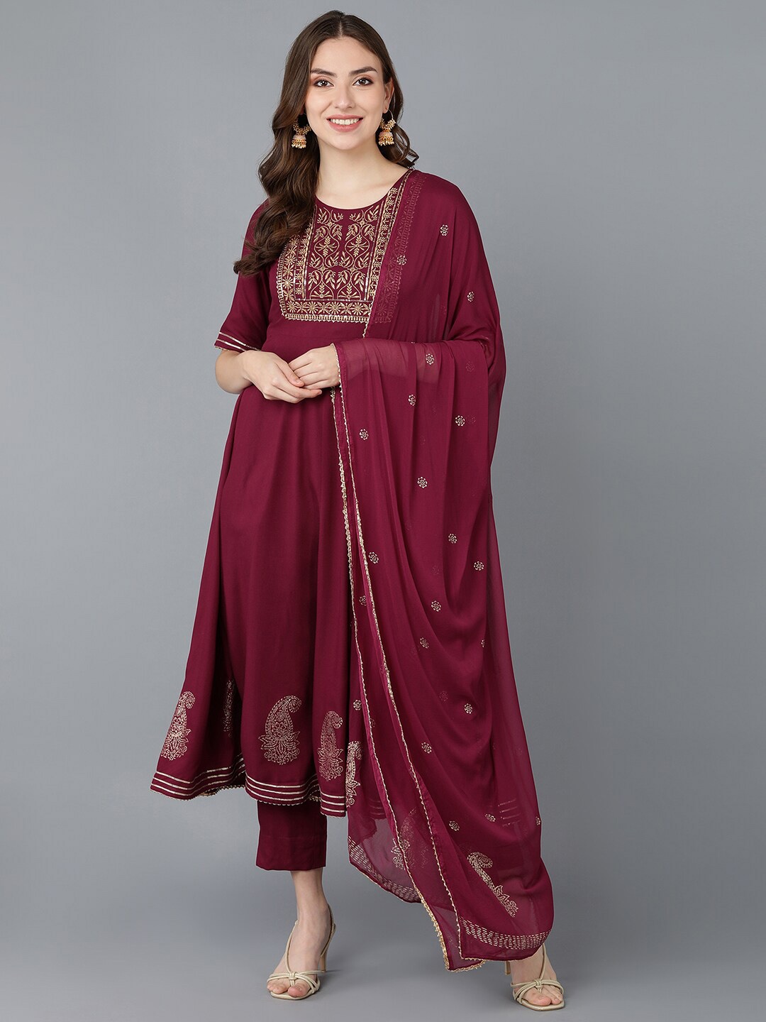 

AHIKA Burgundy Ethnic Embroidered Gotta Patti Anarkali Kurta with Trousers & Dupatta