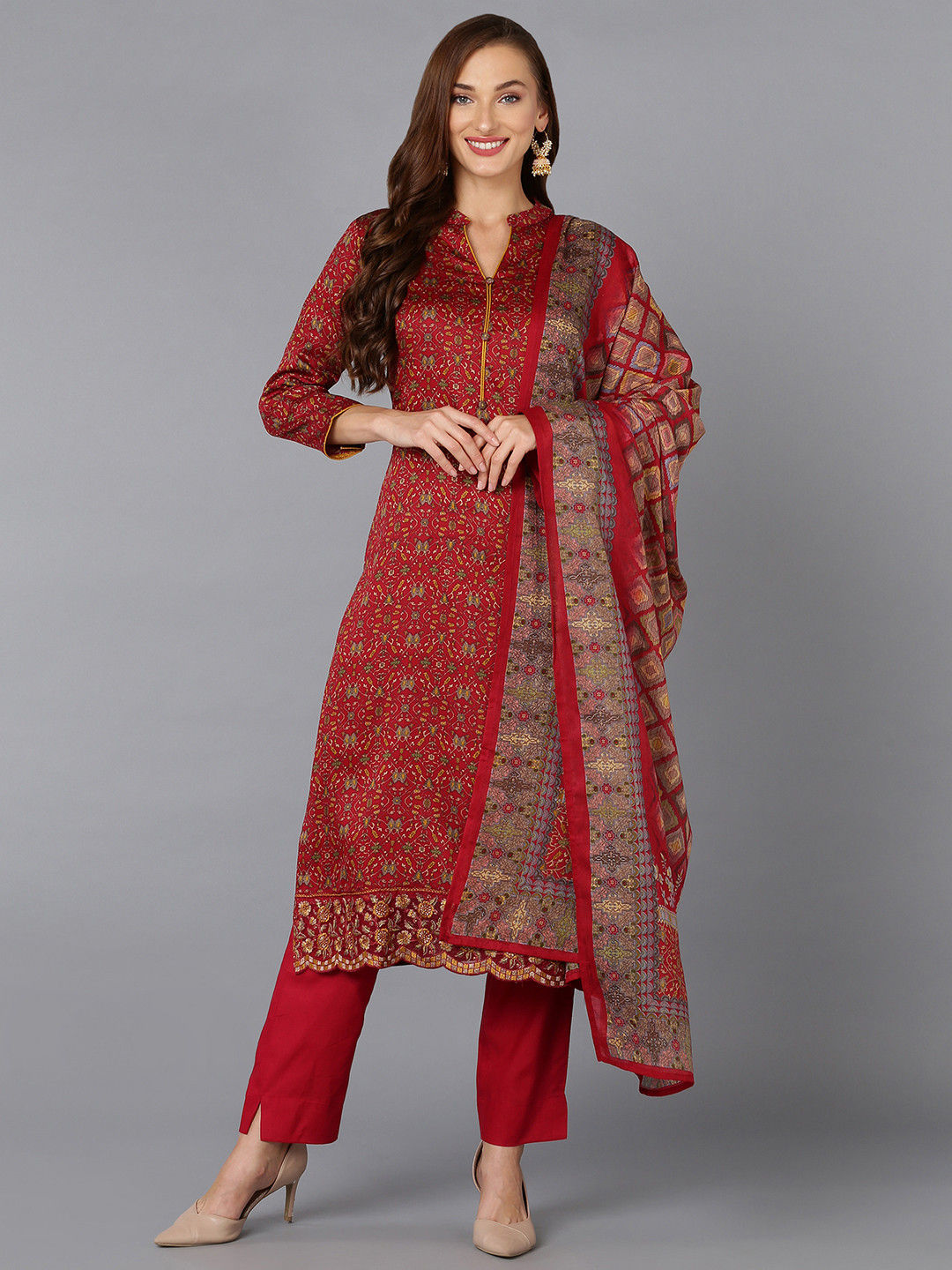 

AHIKA Red & Olive Printed Thread Work Kurta with Trousers & With Dupatta