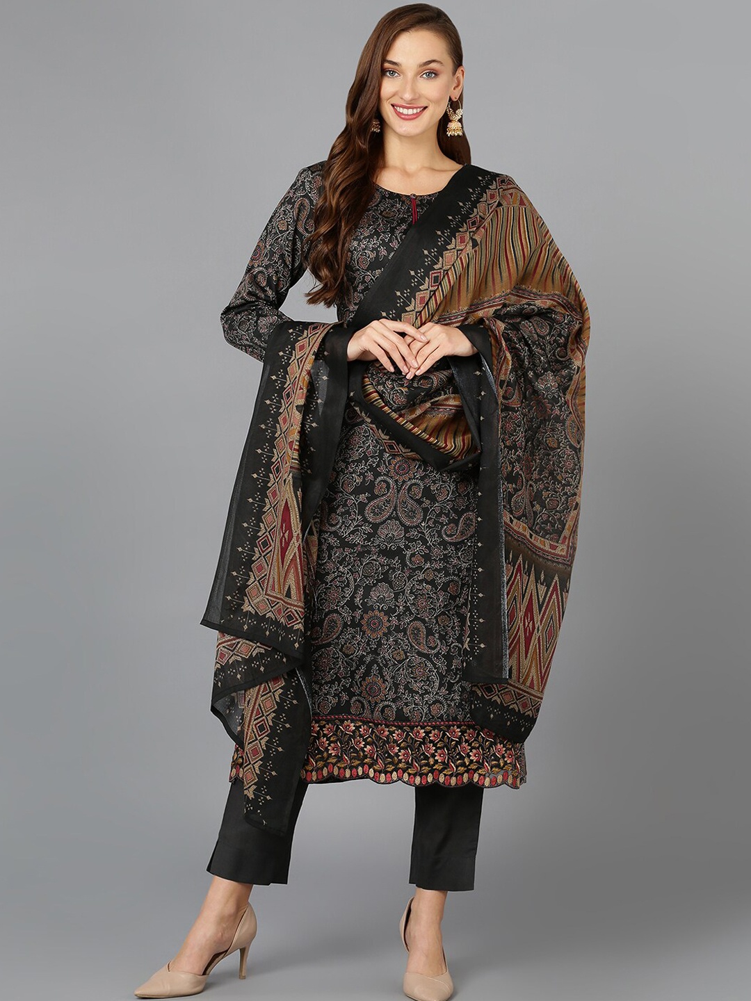 

AHIKA Black Paisley Printed Thread Work Kurta with Trousers & Dupatta