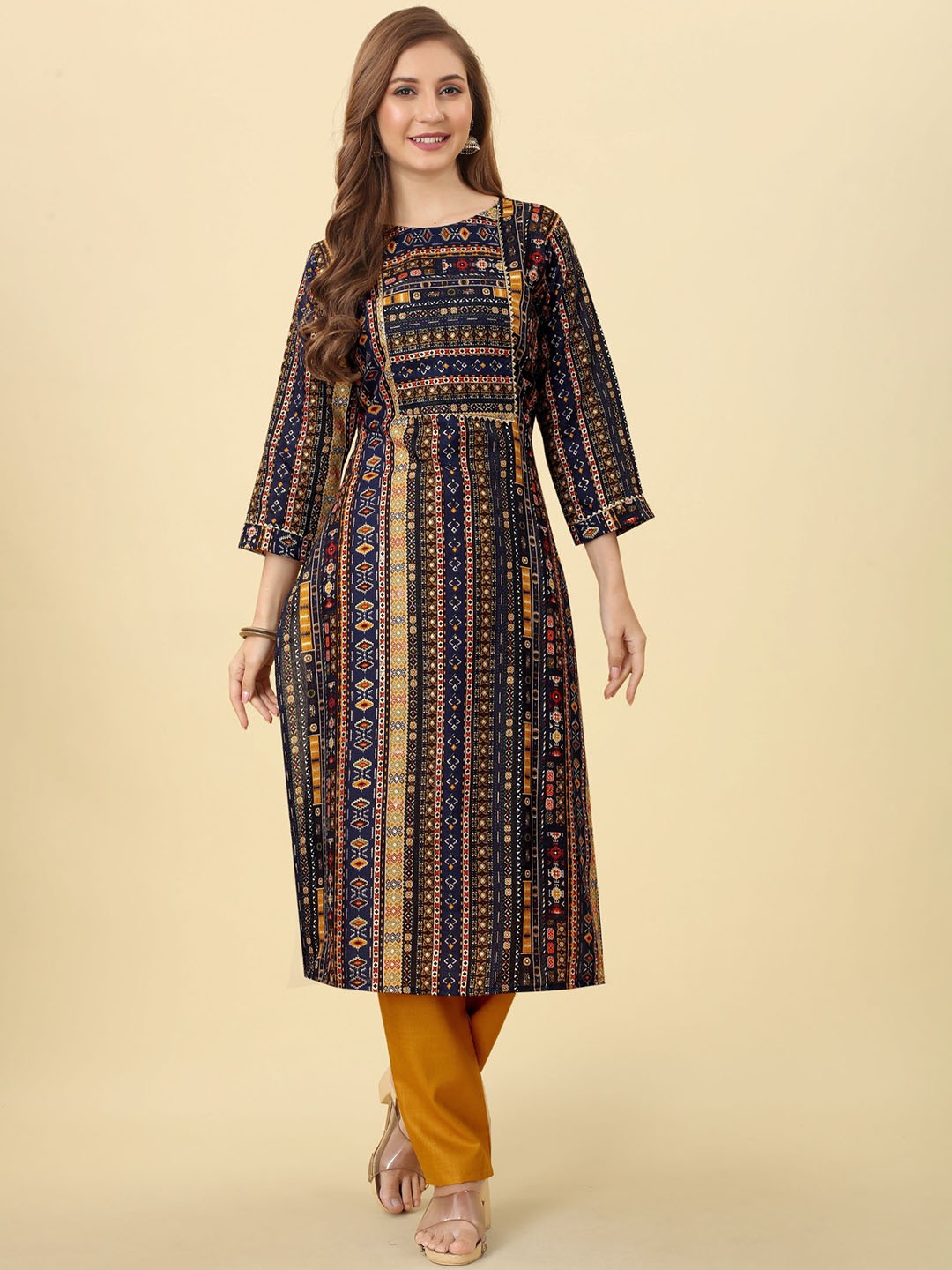 

KALINI Ethnic Motifs Printed Gotta Patti Kurta with Trousers, Navy blue