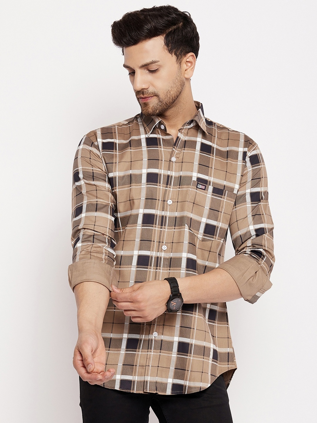 

FirstKrush Slim Fit Tartan Checks Checks Cotton Casual Shirt, Beige