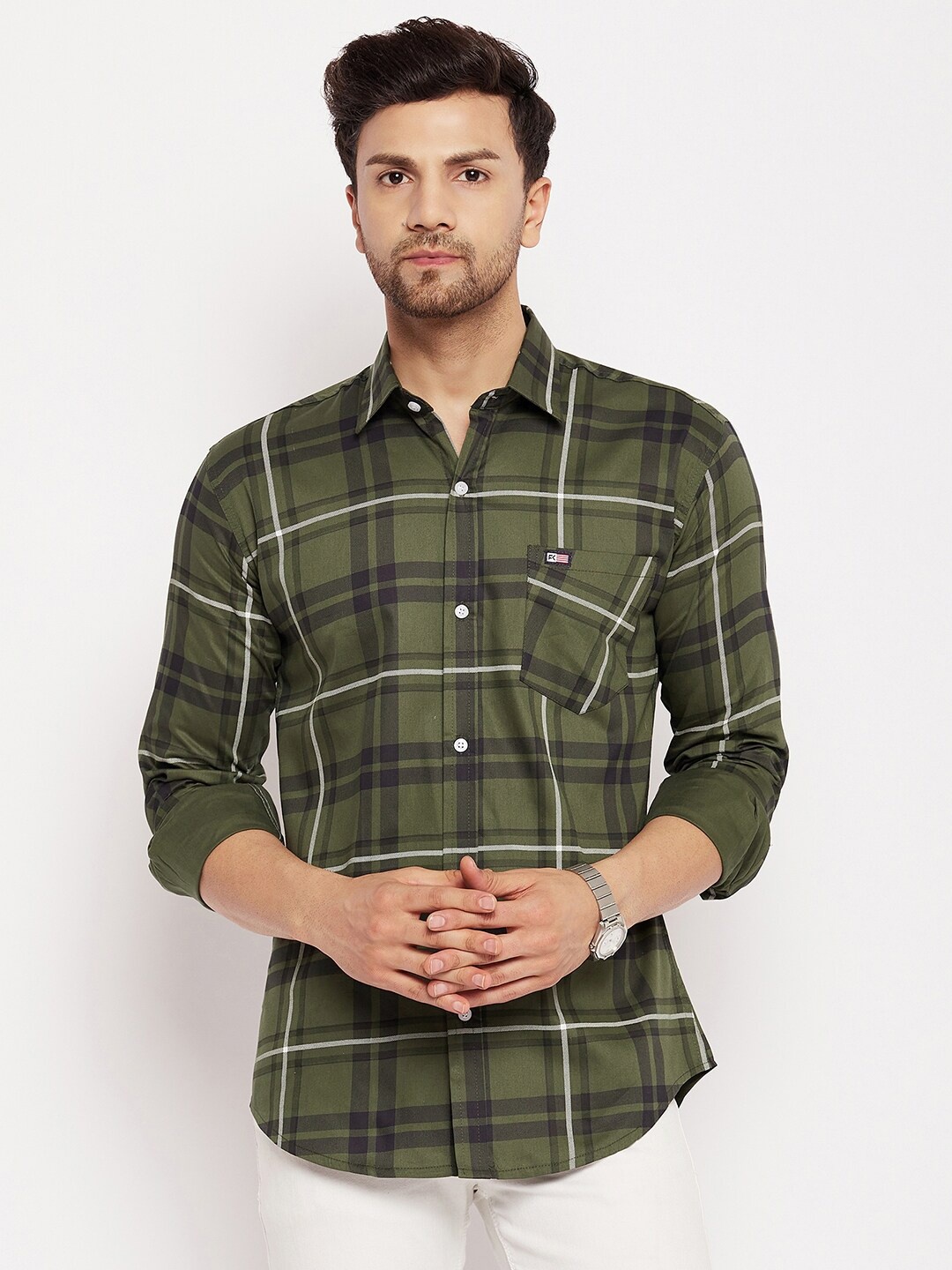 

FirstKrush Slim Fit Tartan Checked Cotton Formal Shirt, Olive