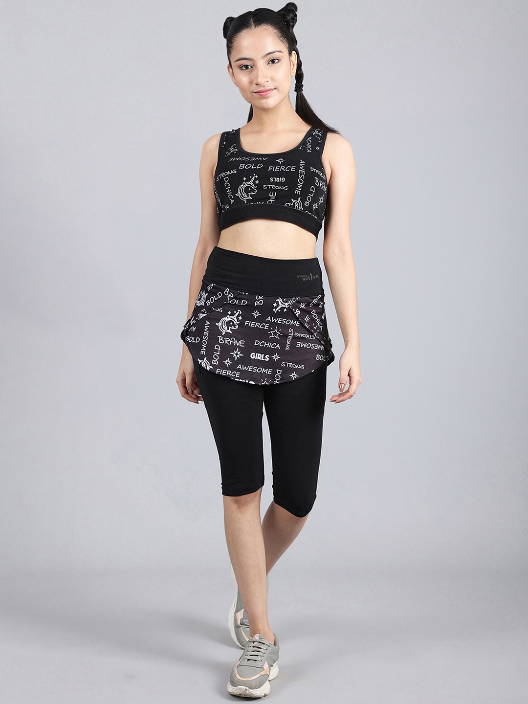 

DChica Girls Graphic Printed Racerback Sports Bra With Tights, Black