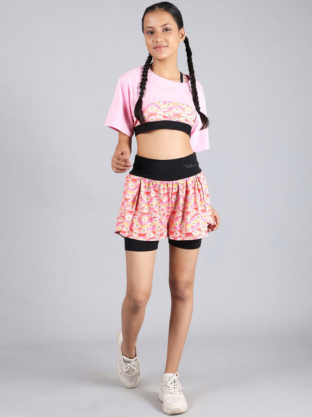 

DChica Girls 3 PC Floral Printed Sports T-Shirt With Shorts Co-Ords, Pink