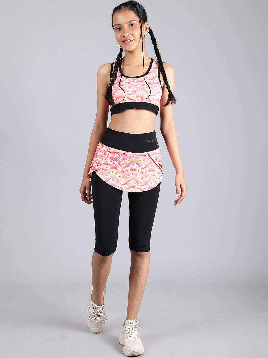 

DChica Girls Floral Printed Racerback Sports Bra With Tights, Pink
