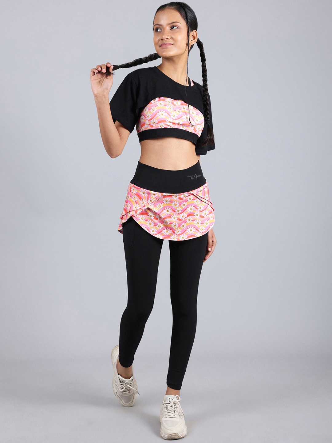 

DChica Girls Set Of 3 Printed Crop Top With Sports Bra & Tights, Pink