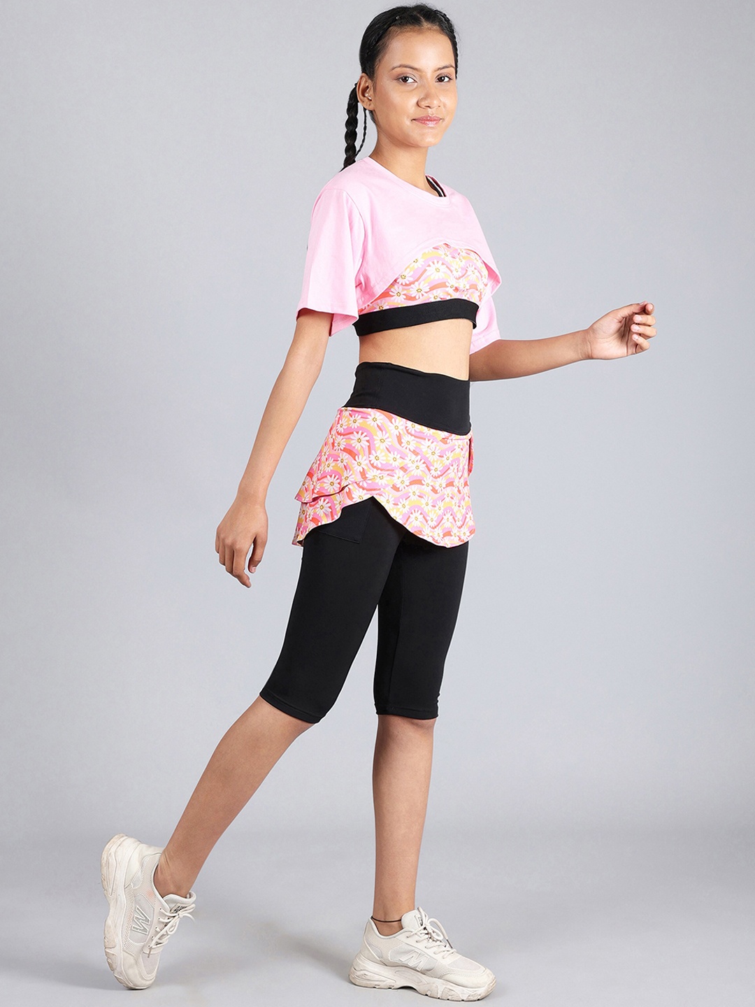 

DChica Girls Flower Print Crop Top With Sports Bra & Skirted Tights, Pink
