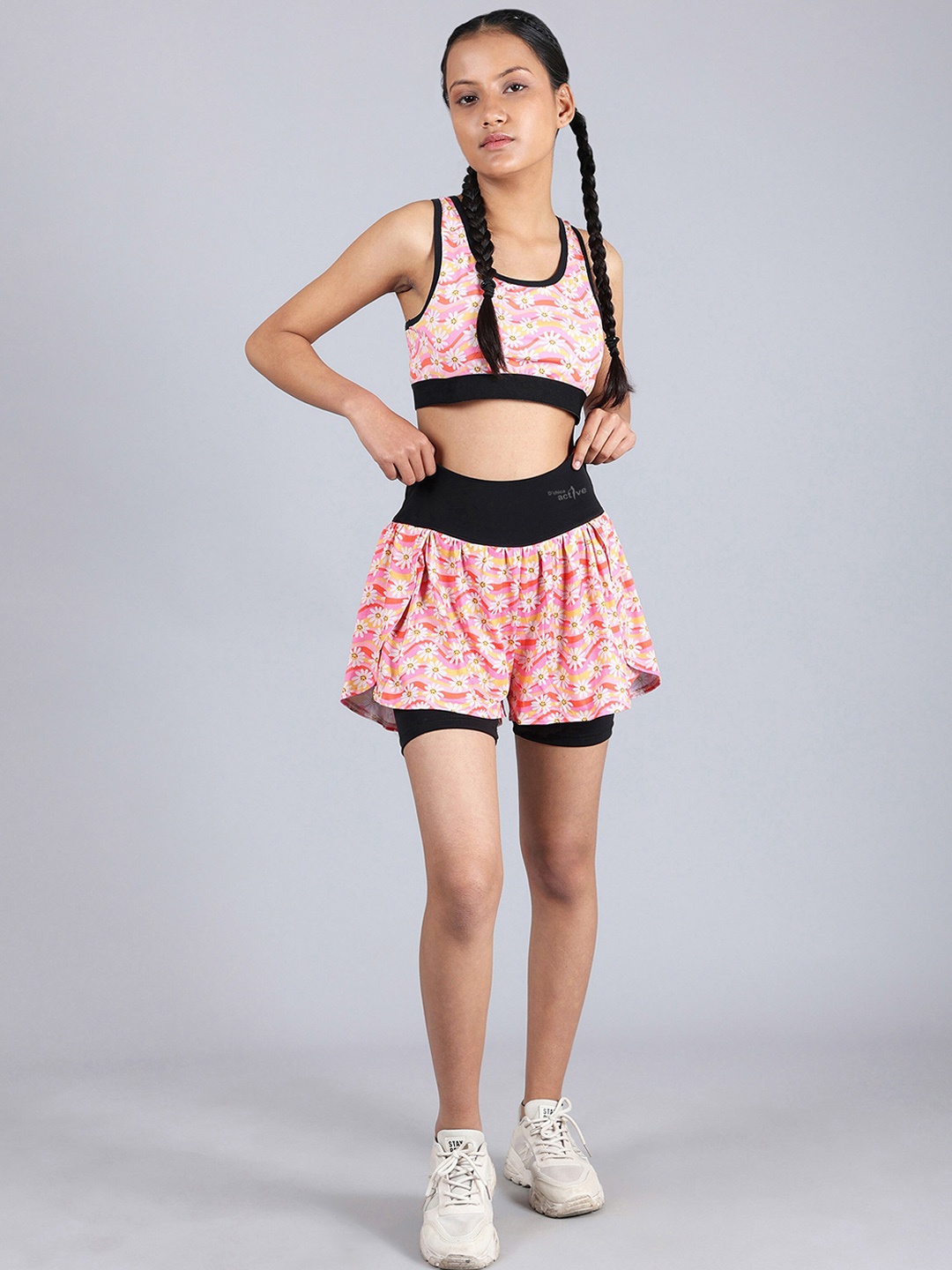 

DChica Girls Printed Crop Top With Shorts Track Suits, Pink