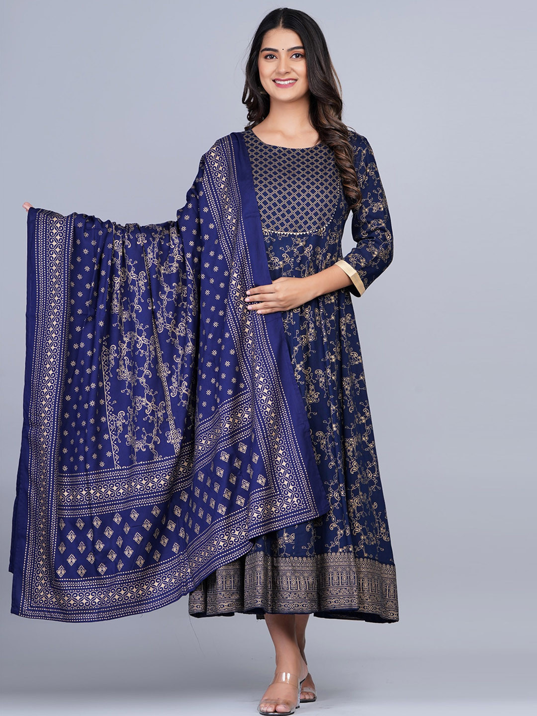 

SkyaSia Printed A-Line Ethnic Dress With Dupatta, Blue