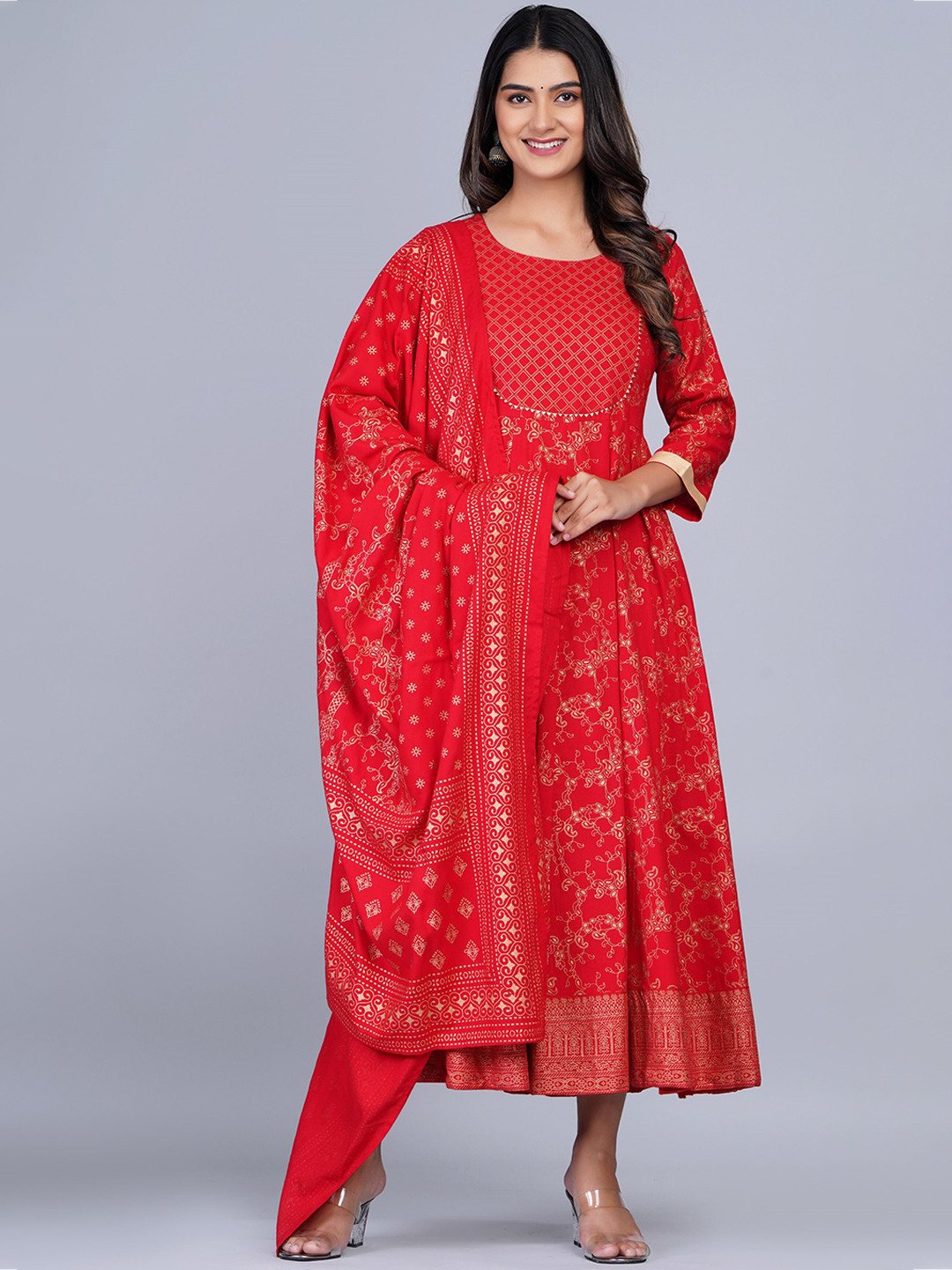 

SkyaSia Ethnic Motifs Printed Fit & Flare Midi Ethnic Dress & Dupatta, Red