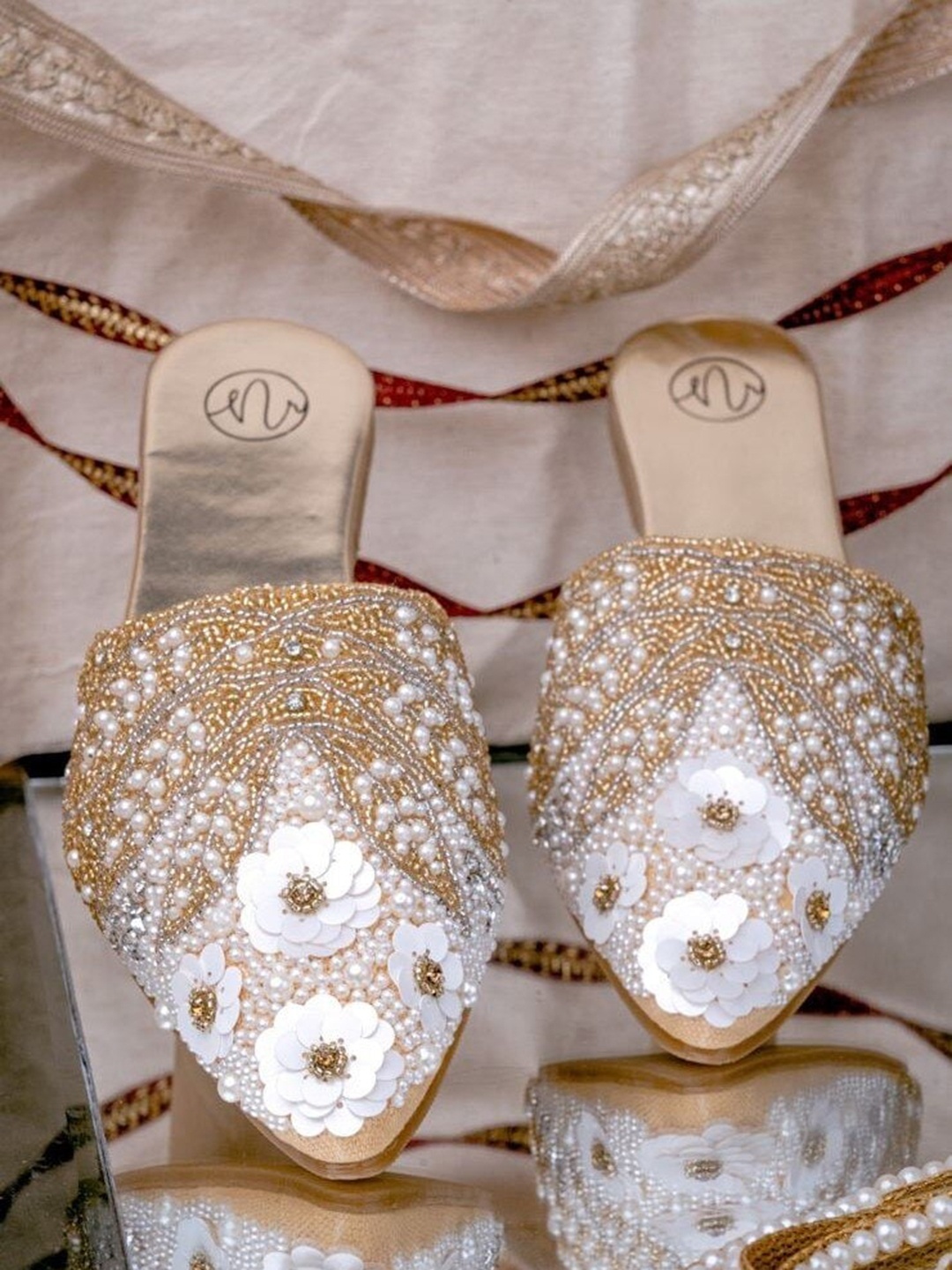 

NR By Nidhi Rathi Women Ethnic Embellished Pointed Toe Fabric Mules, Gold