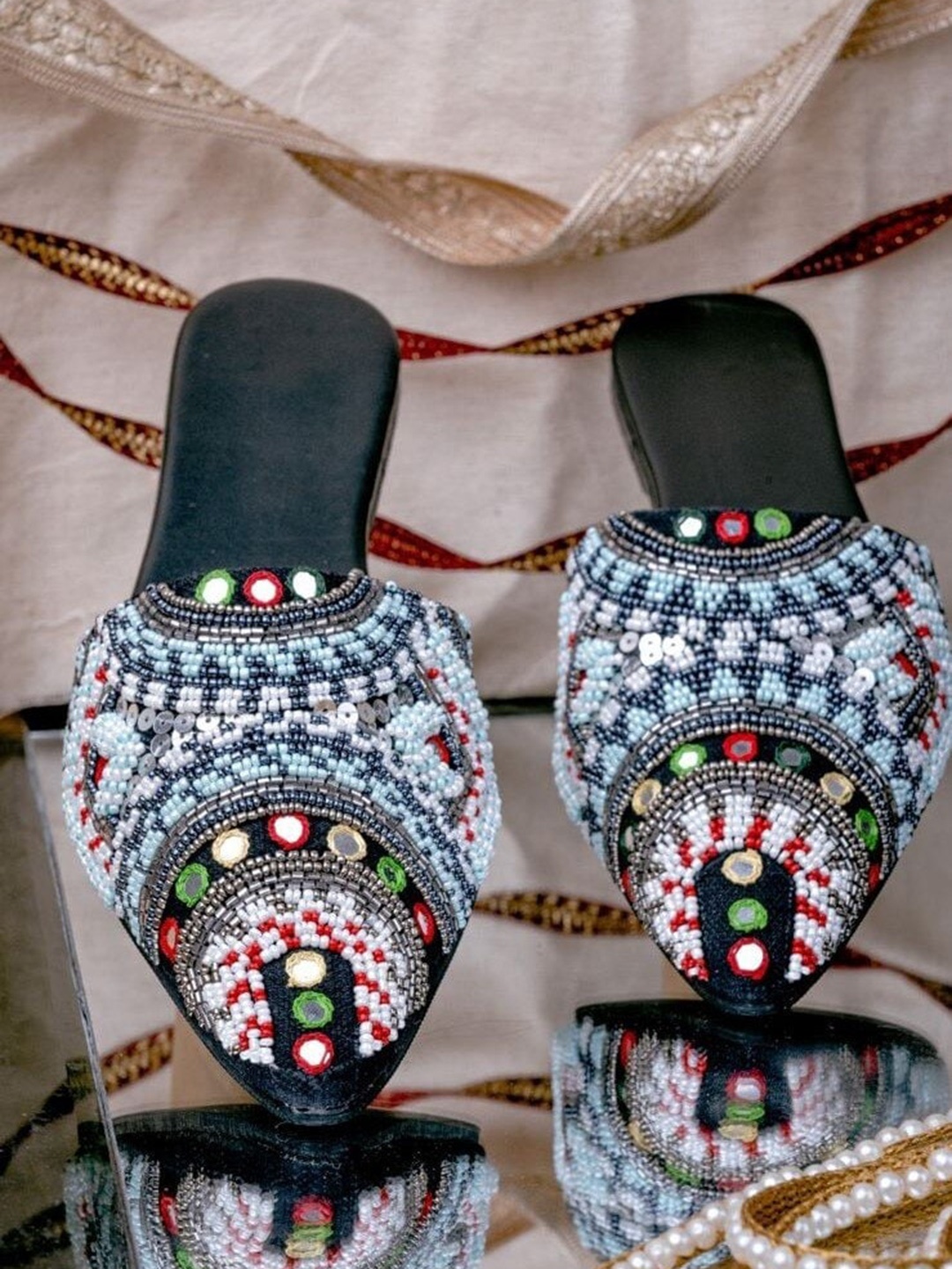 

NR By Nidhi Rathi Women Ethnic Embellished Pointed Toe Fabric Mules, Black