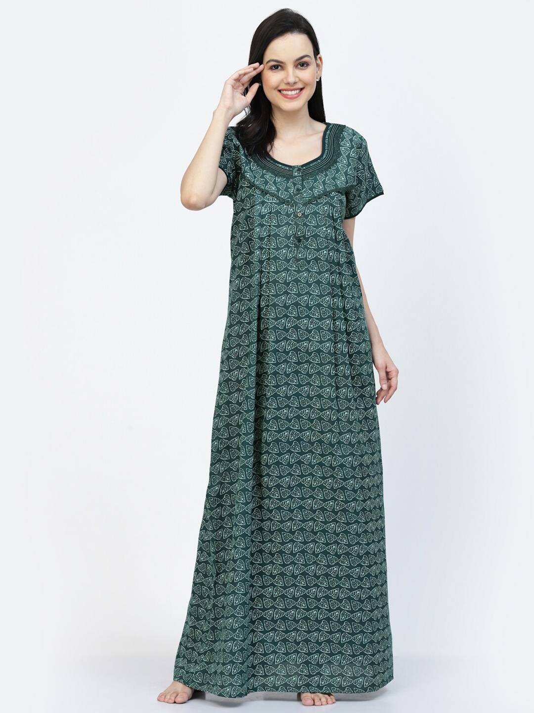 

Sweet Dreams Green Floral Printed Pure Cotton Maxi Nightdress