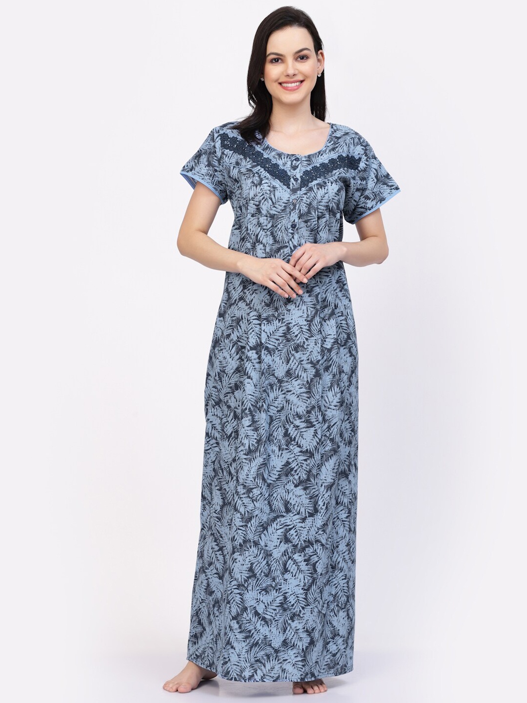 

Sweet Dreams Blue Tropical Printed Pure Cotton Maxi Nightdress