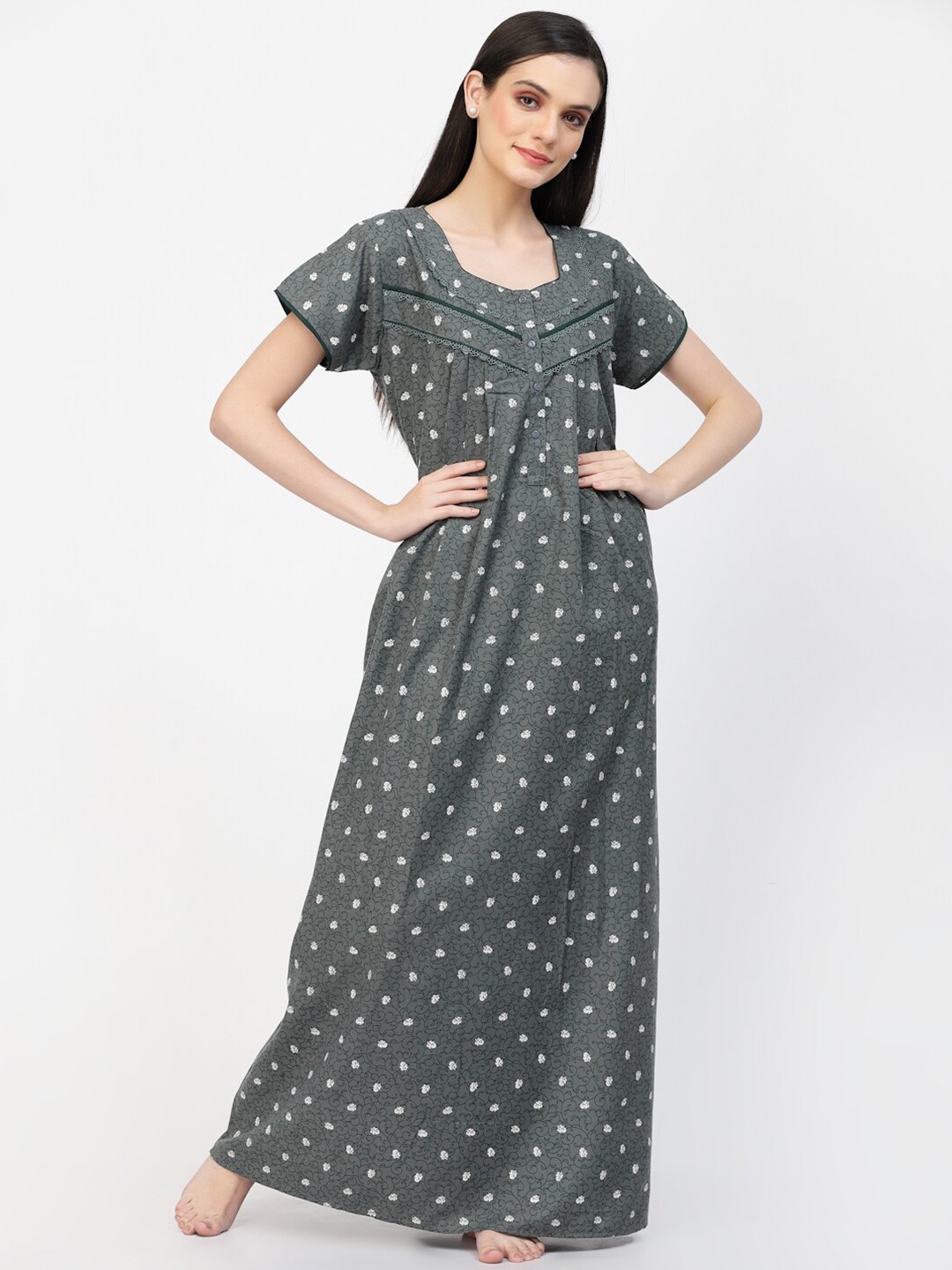 

Sweet Dreams Green Floral Printed Pure Cotton Maxi Nightdress