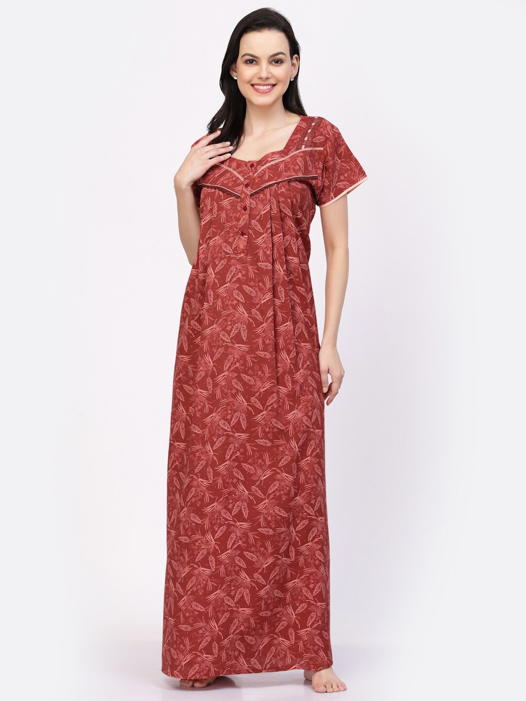 

Sweet Dreams Pink Ethnic Motifs Printed Pure Cotton Maxi Nightdress