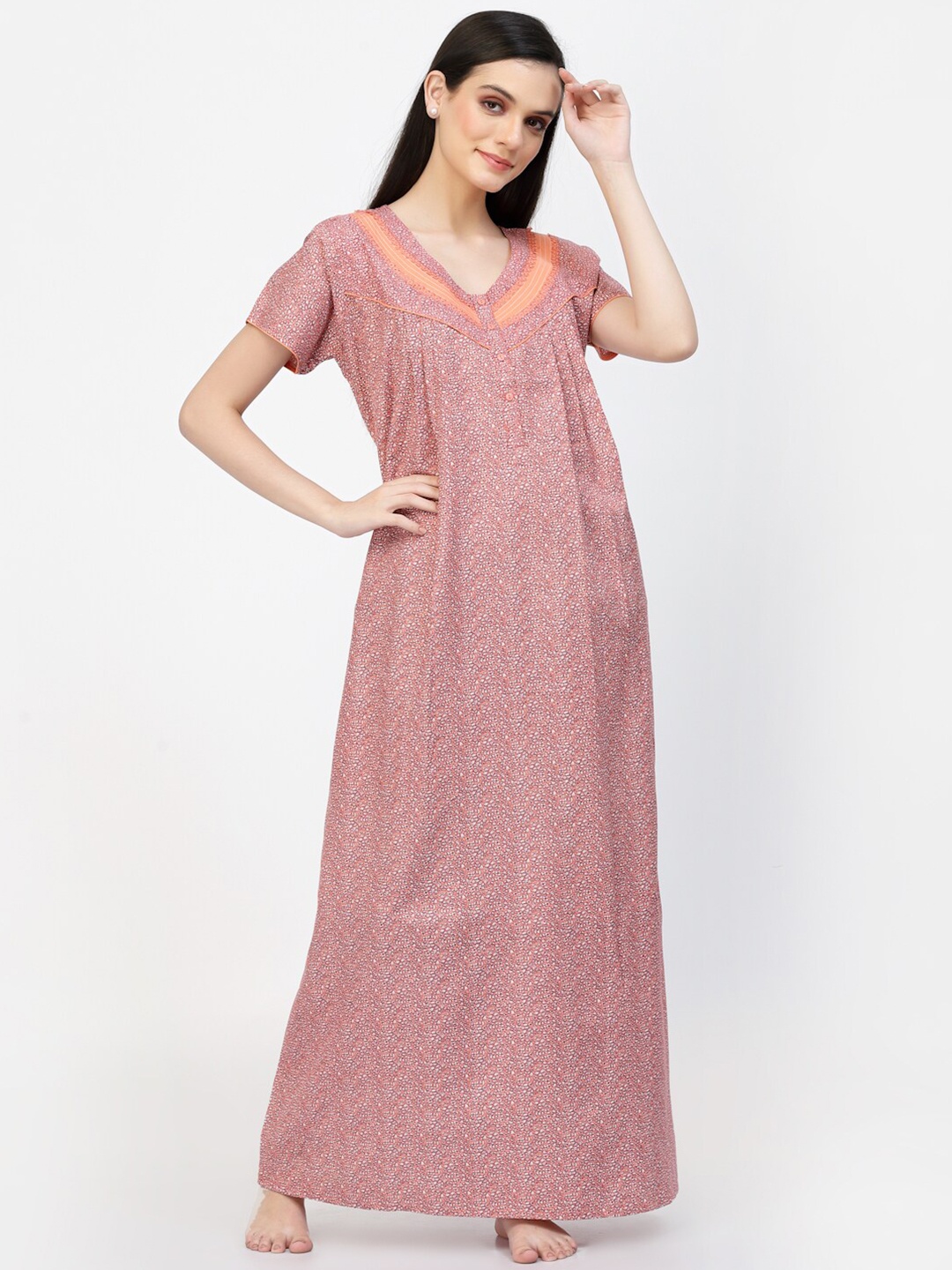 

Sweet Dreams Peach-Coloured Floral Printed Pure Cotton Maxi Nightdress
