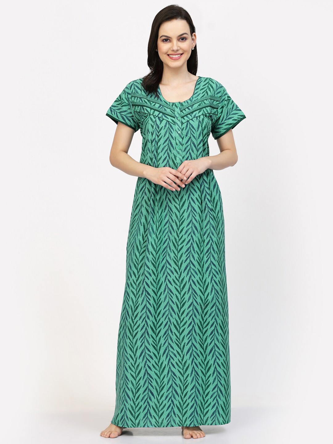 

Sweet Dreams Green Tropical Printed Pure Cotton Maxi Nightdress