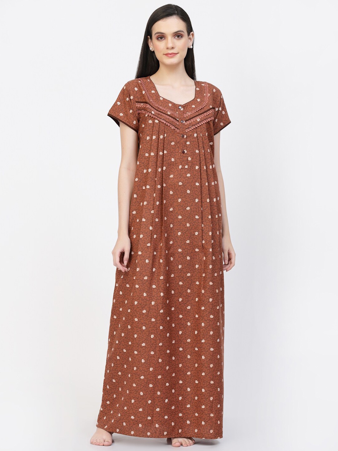 

Sweet Dreams Brown Floral Printed Pure Cotton Maxi Nightdress