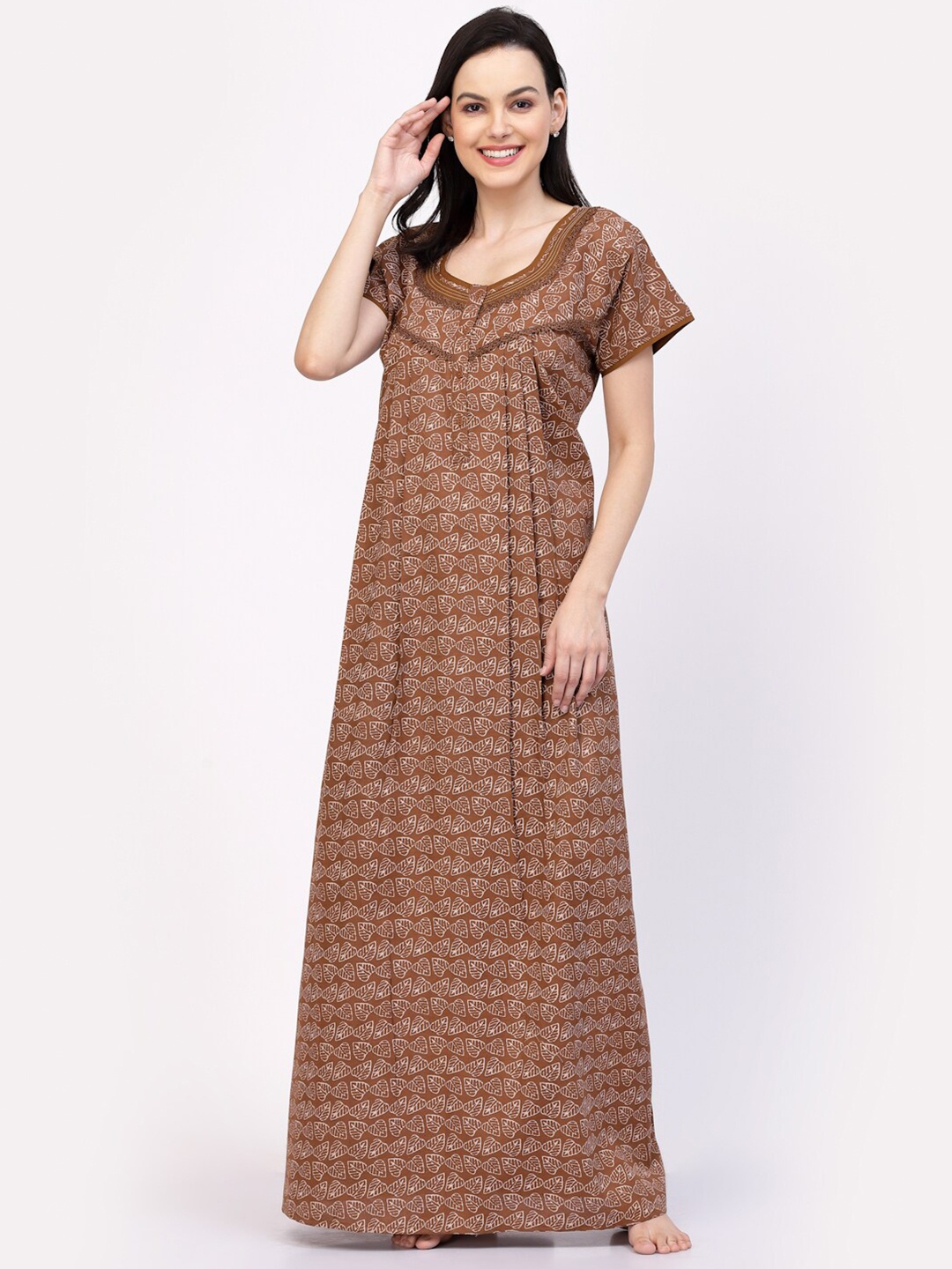 

Sweet Dreams Brown Tropical Printed Pure Cotton Maxi Nightdress