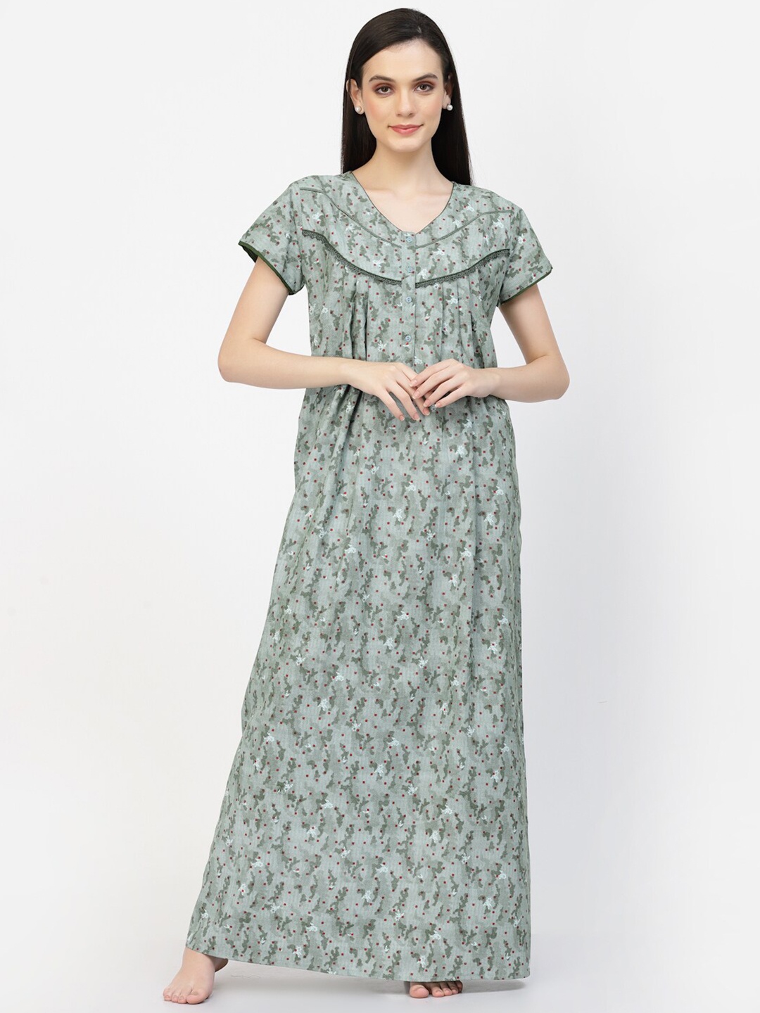 

Sweet Dreams Green Abstract Printed Pure Cotton Maxi Nightdress