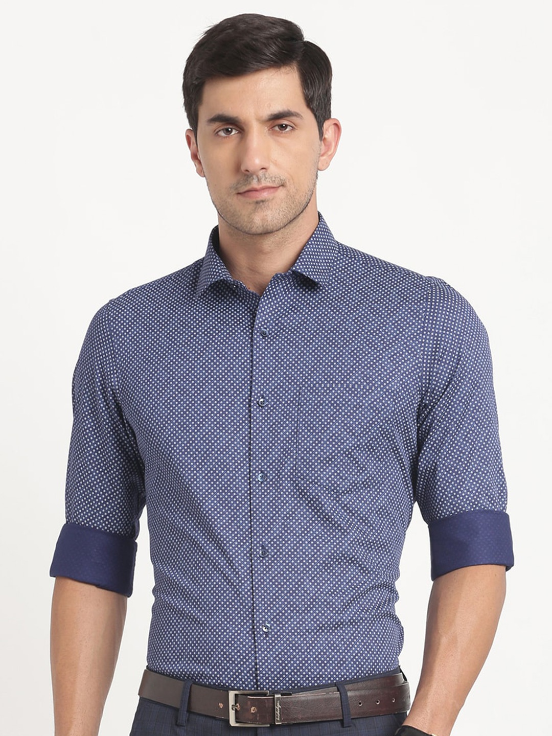 Turtle Modern Slim Fit Opaque Printed Pure Cotton Formal Shirt, Navy blue