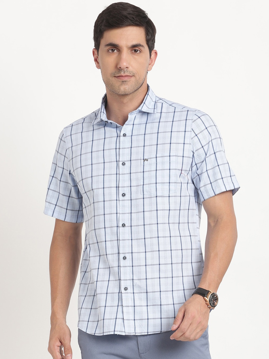 

Turtle Relaxed Windowpane Checked Pure Cotton Casual Shirt, Blue