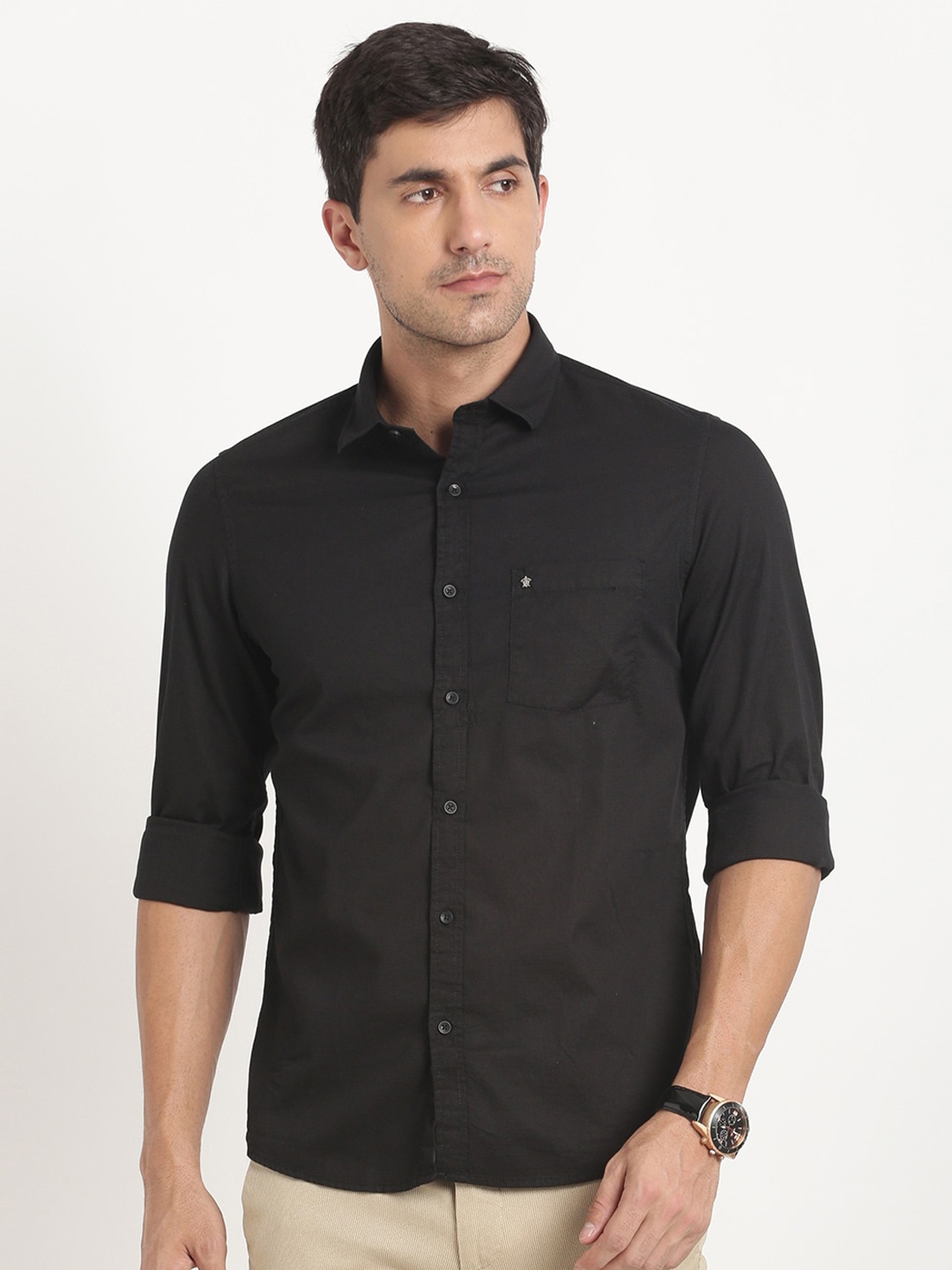 

Turtle Relaxed Spread Collar Pure Cotton Shirt, Black