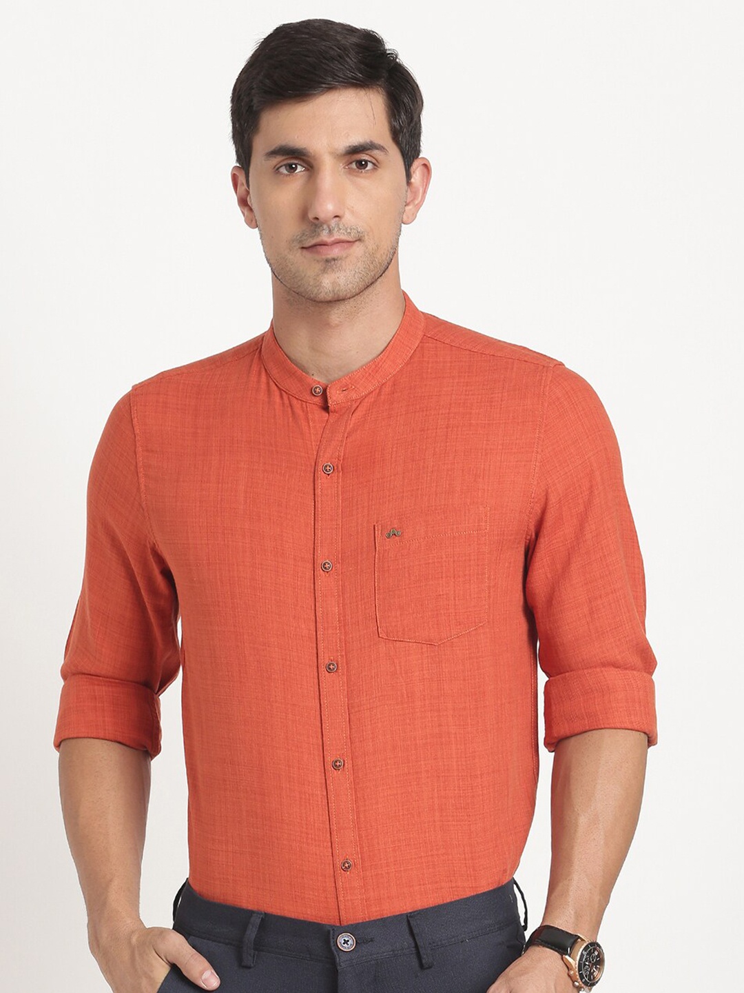 

Turtle Relaxed Slim Fit Mandarin Collar Opaque Casual Shirt, Rust