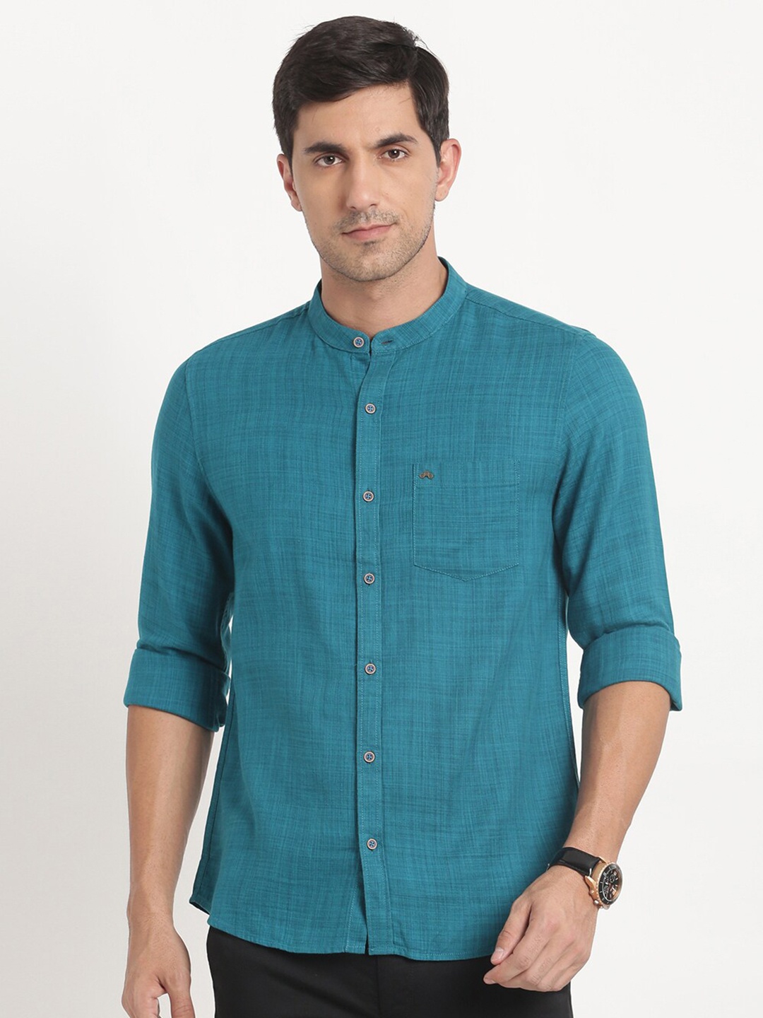 

Turtle Relaxed Slim Fit Mandarin Collar Opaque Casual Shirt, Teal