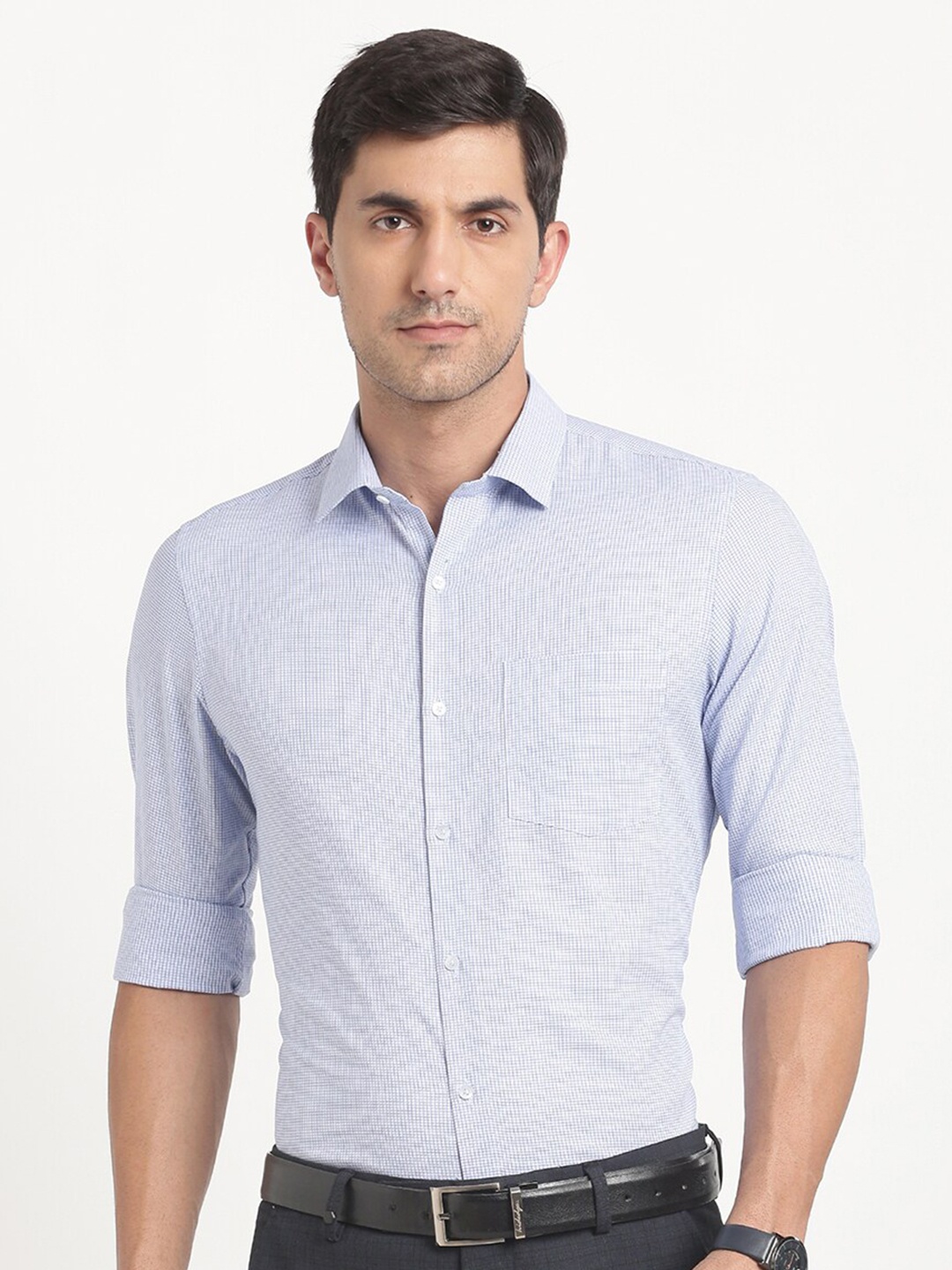 

Turtle Modern Slim Fit Self Design Pure Cotton Formal Shirt, Blue