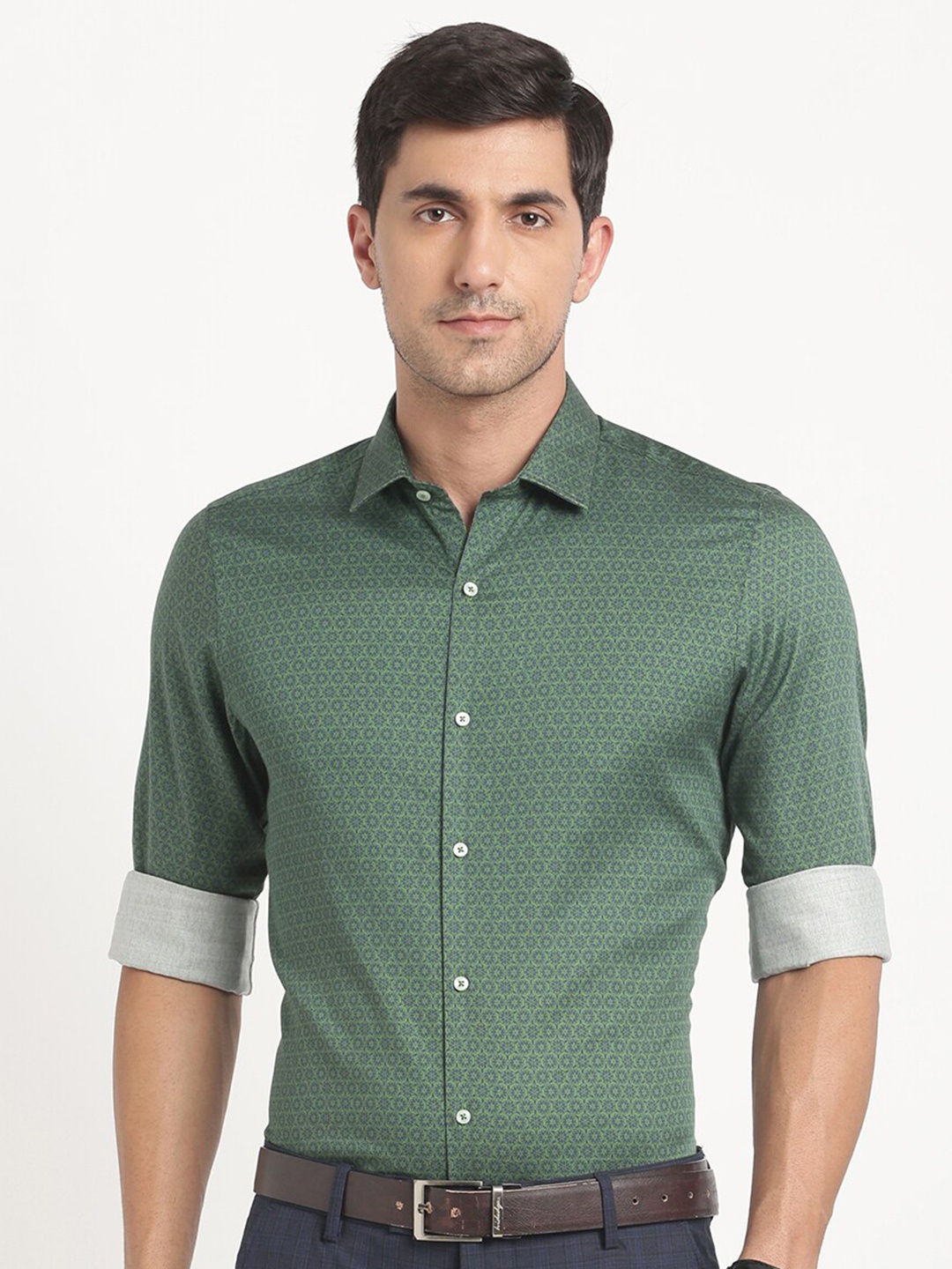 

Turtle Premium Slim Fit Micro Ditsy Printed Pure Cotton Formal Shirt, Green