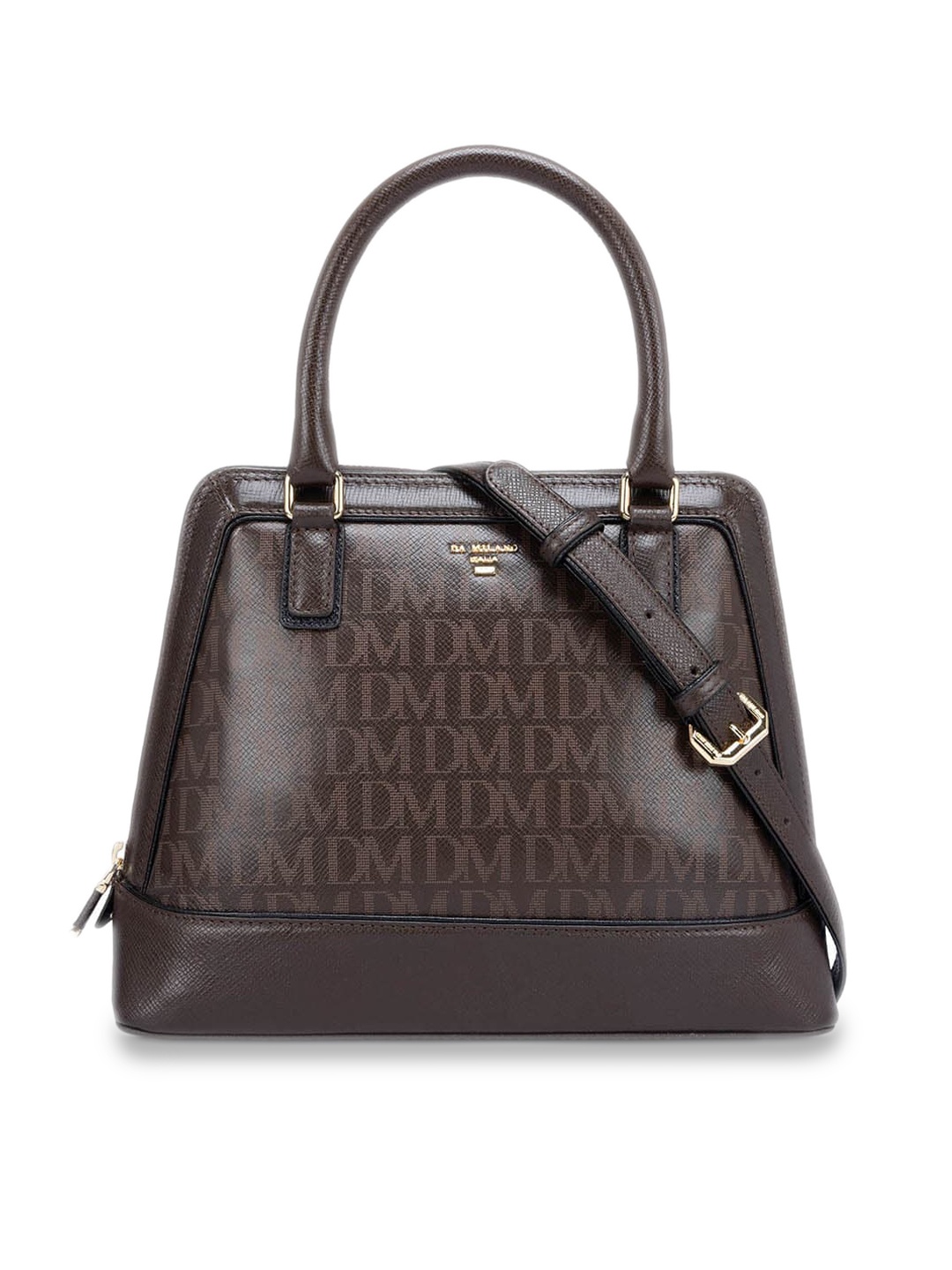 

Da Milano Typography Printed Leather Structured Handheld Bag, Brown