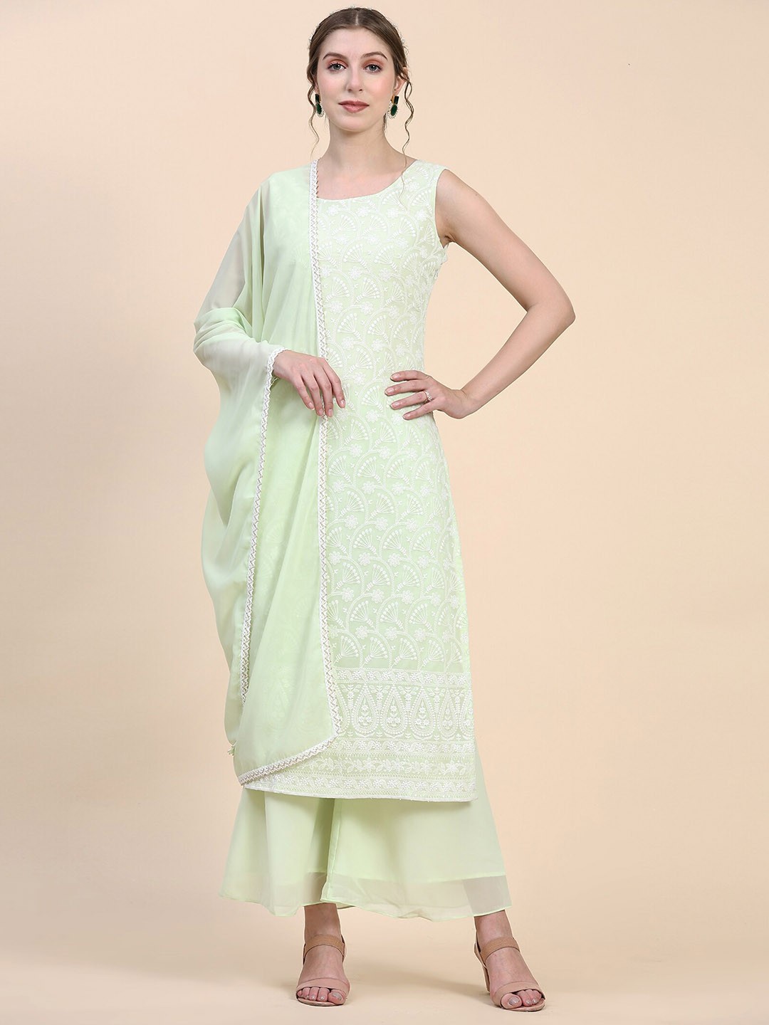 

KALINI Ethnic Motifs Embroidered Chikankari Georgette Kurta with Palazzos & Dupatta, Green